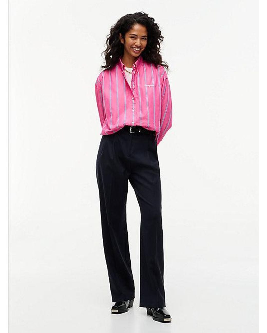 Tommy Hilfiger Pink Oversized Fit Cropped Gathered Poplin Shirt