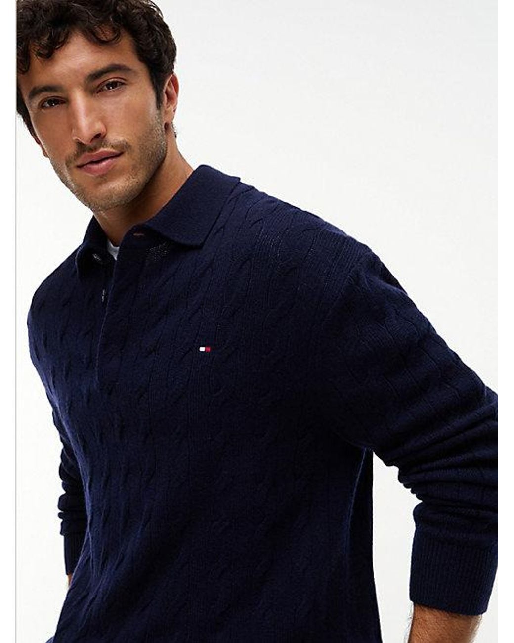 Tommy Hilfiger Blue Pure Wool Cable Knit Rugby Jumper for men
