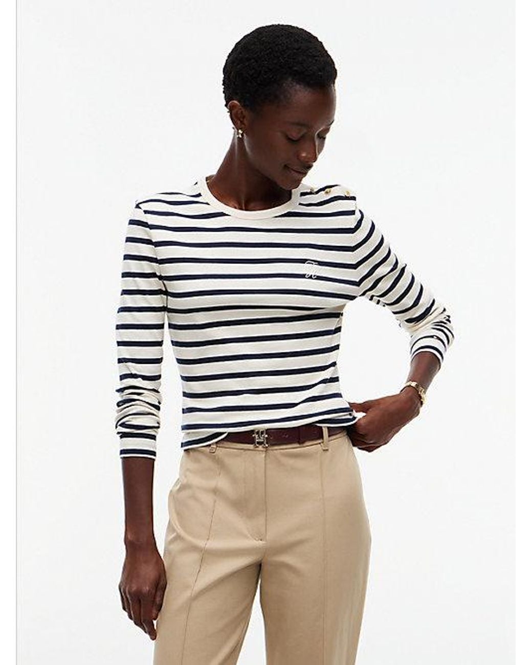 Tommy Hilfiger White Tone Button Slim Long Sleeve T-Shirt