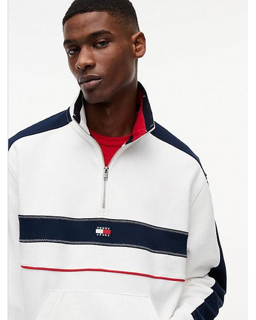 Tommy Hilfiger Blue Colour-Blocked Quarter-Zip Relaxed Sweatshirt for men