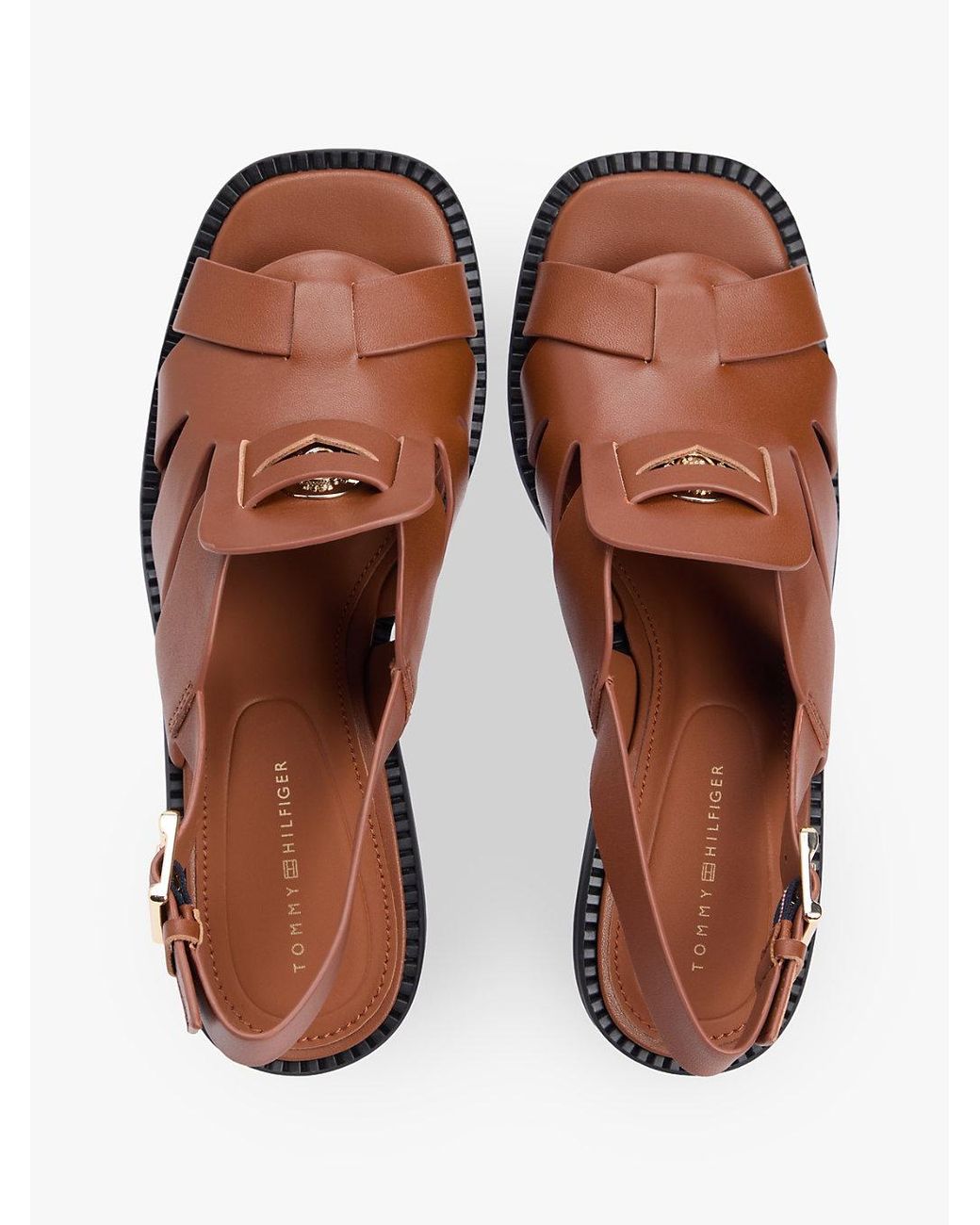 Tommy Hilfiger Brown Leather Crest Block Heel Sandals