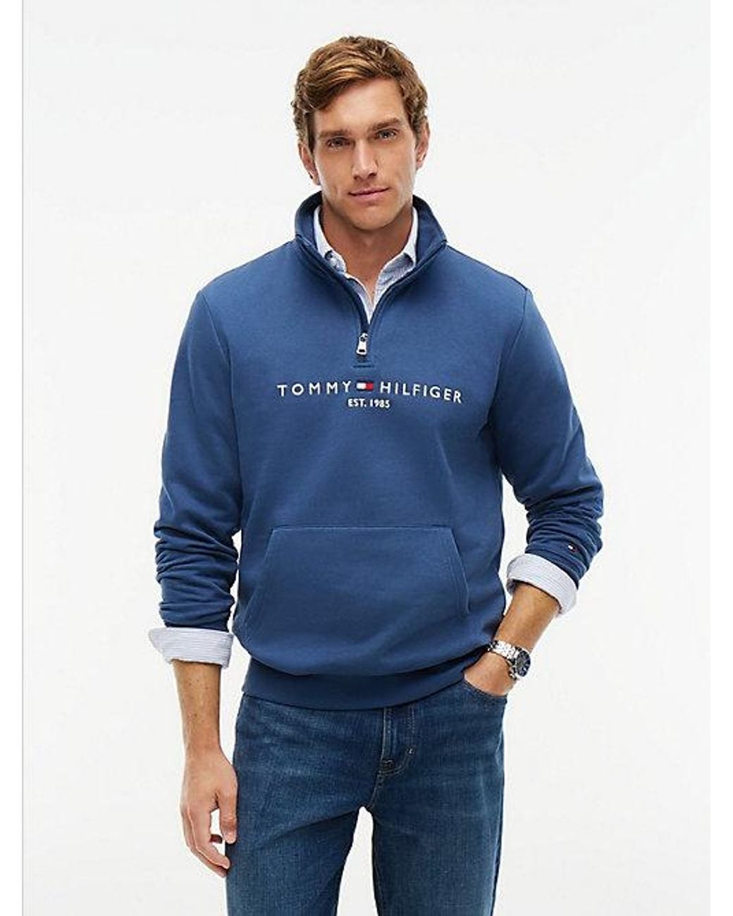 Tommy Hilfiger Blue Logo Fleece Quarter Zip Sweatshirt for men