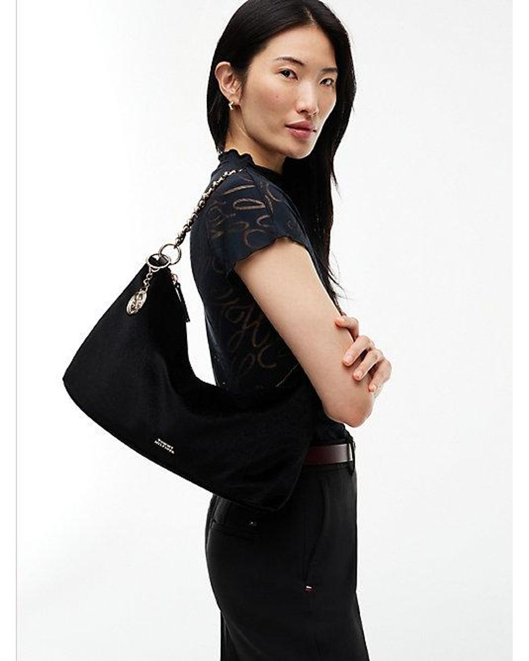 Tommy Hilfiger Black Chain Strap Charm Velvet Bag