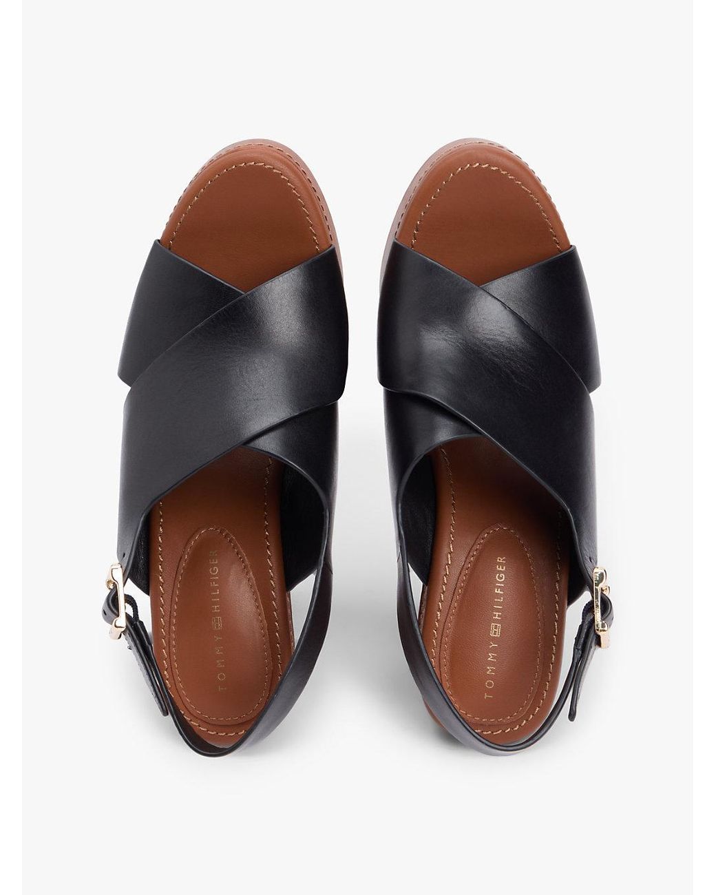 Tommy Hilfiger Black Leather Crossover Strap Block Heel Sandals