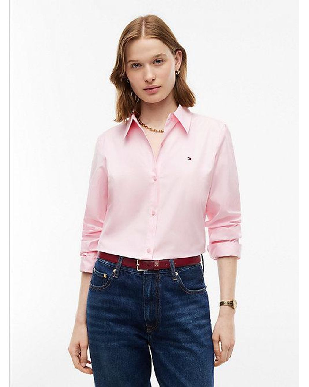 Tommy Hilfiger Pink Regular Fit Flag Embroidery Poplin Shirt