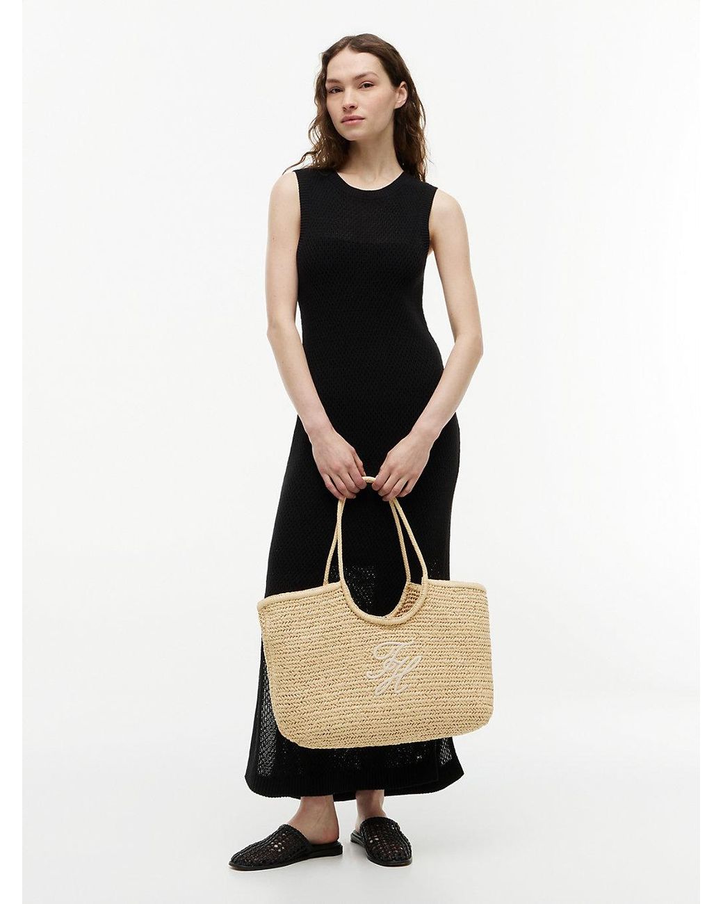 Tommy Hilfiger Natural Raffia Textured Logo Tote Bag