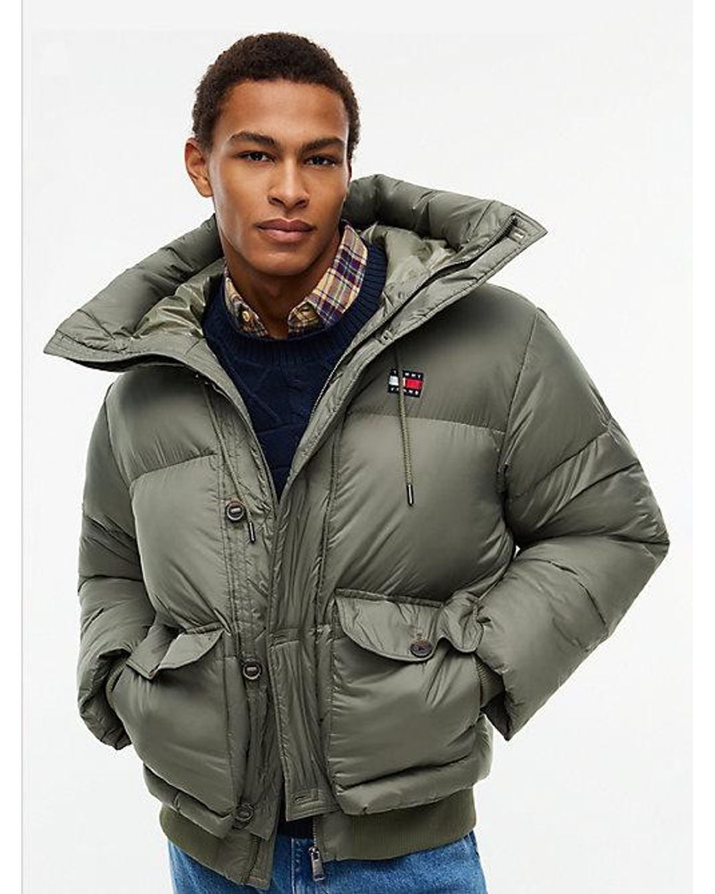 Tommy Hilfiger Gray Tommy Jeans Logo Hooded Relaxed Puffer Jacket for men