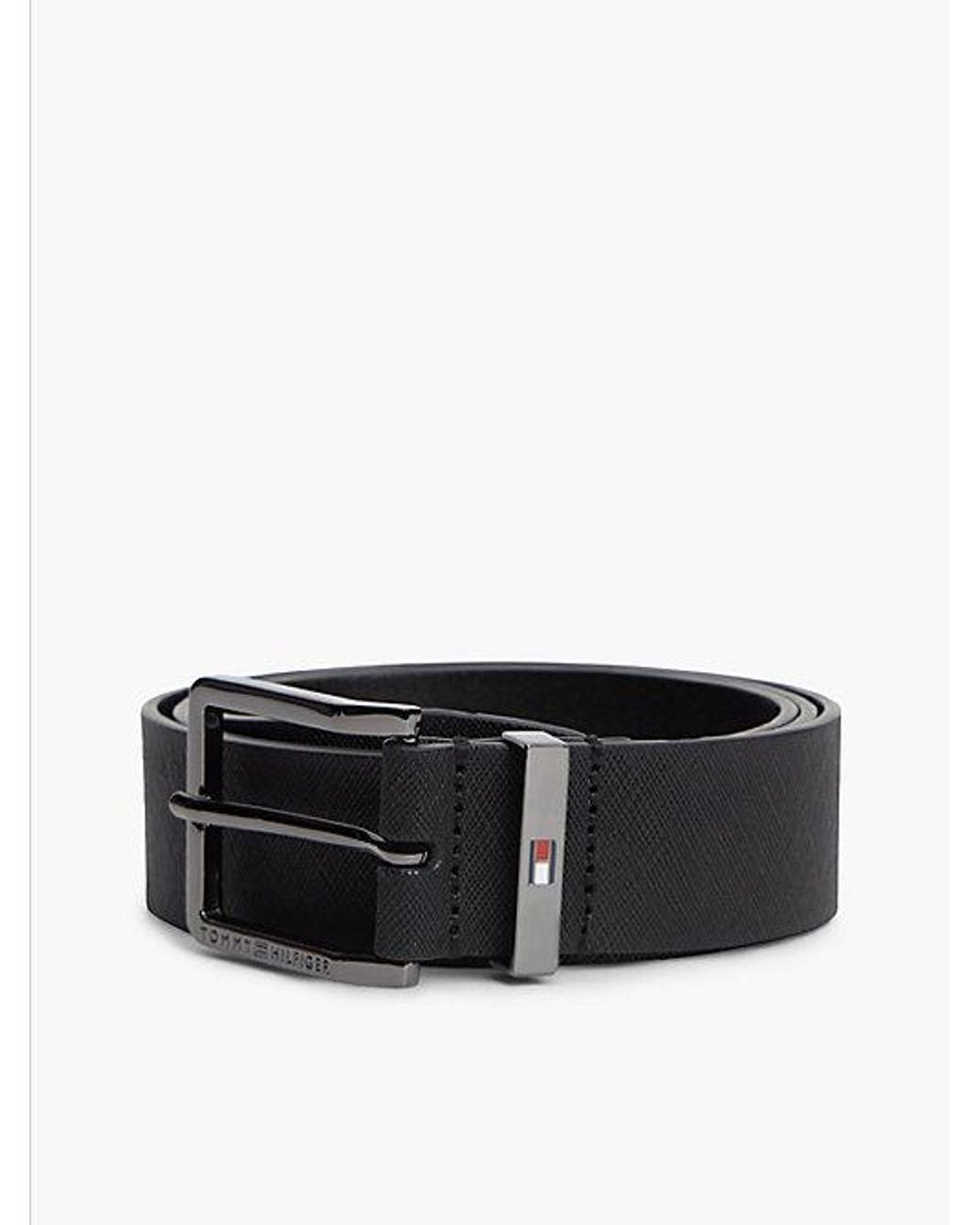 Tommy Hilfiger Black Leather Logo Square Buckle Textured Belt for men