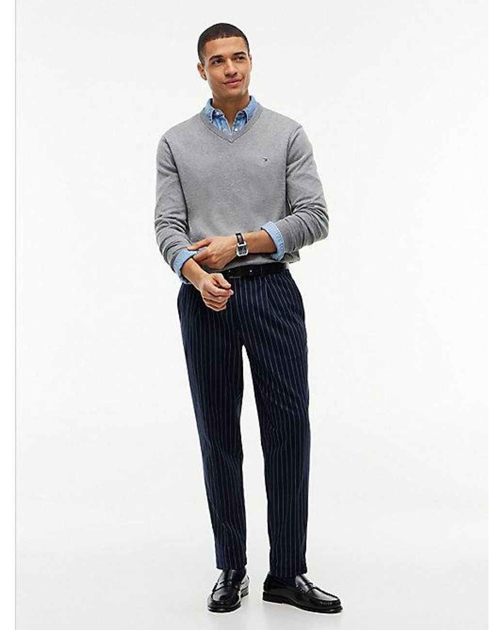 Tommy Hilfiger Gray Flag Embroidery V Neck Jumper for men