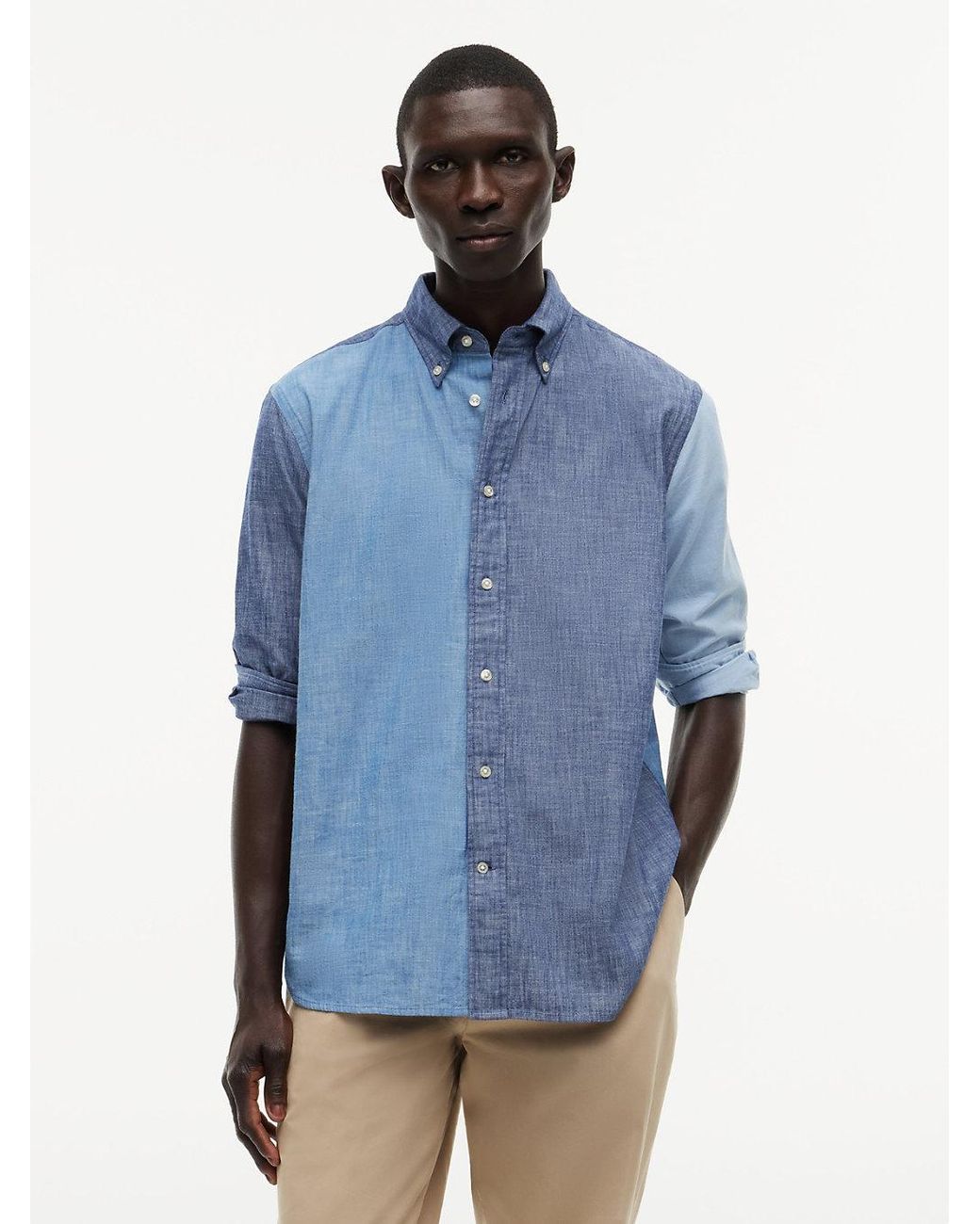 Tommy Hilfiger Blue Relaxed Fit Colour-Blocked Chambray Shirt for men