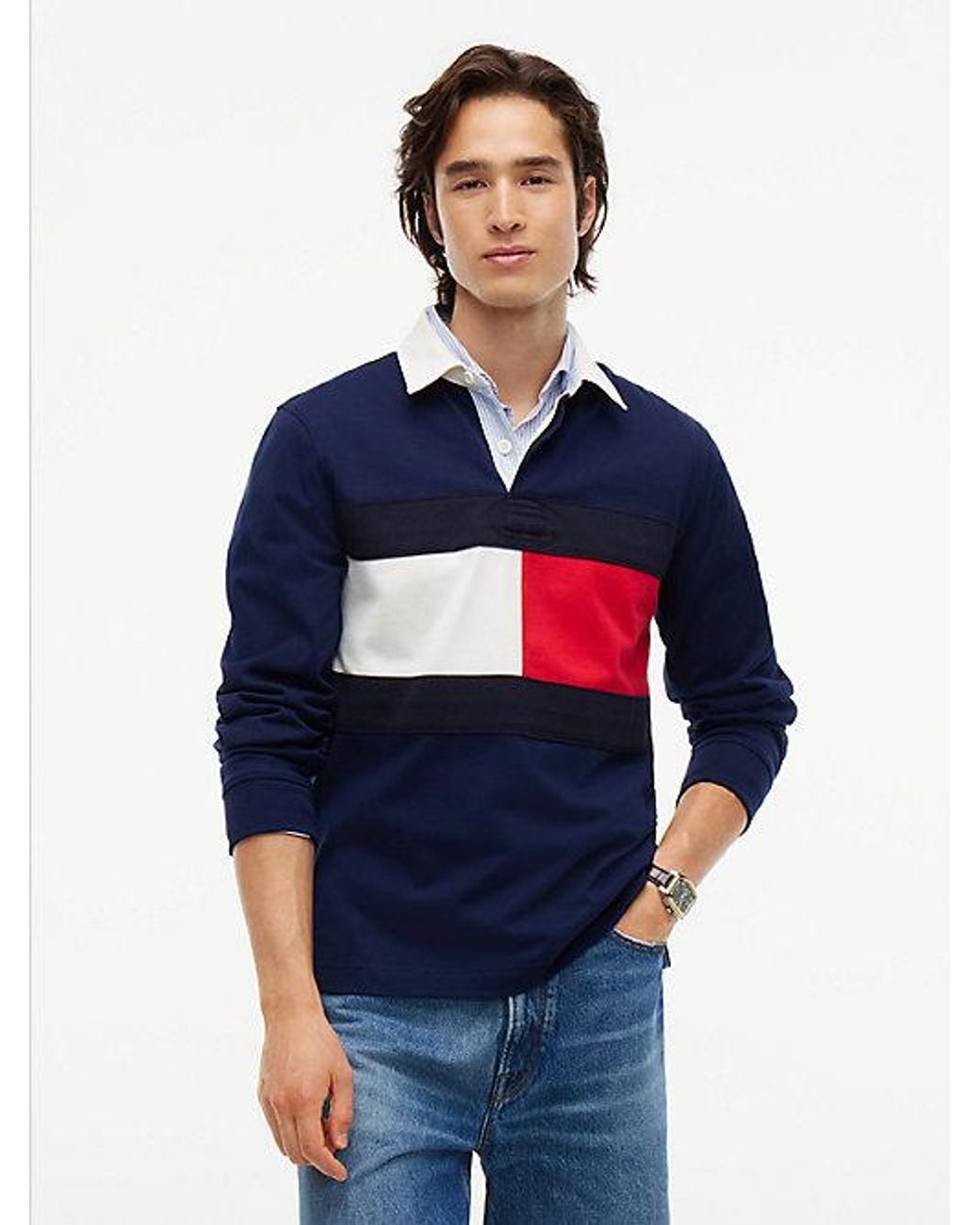 Tommy Hilfiger Blue Colour Blocked Flag Rugby Sweatshirt for men