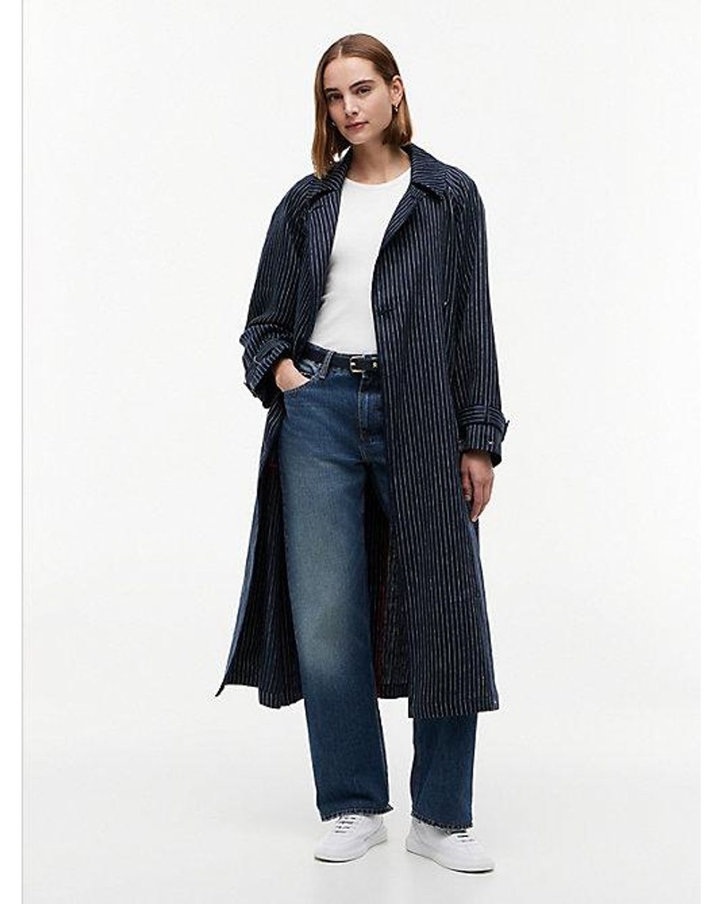 Tommy Hilfiger Blue Pinstripe Trench Coat With Linen