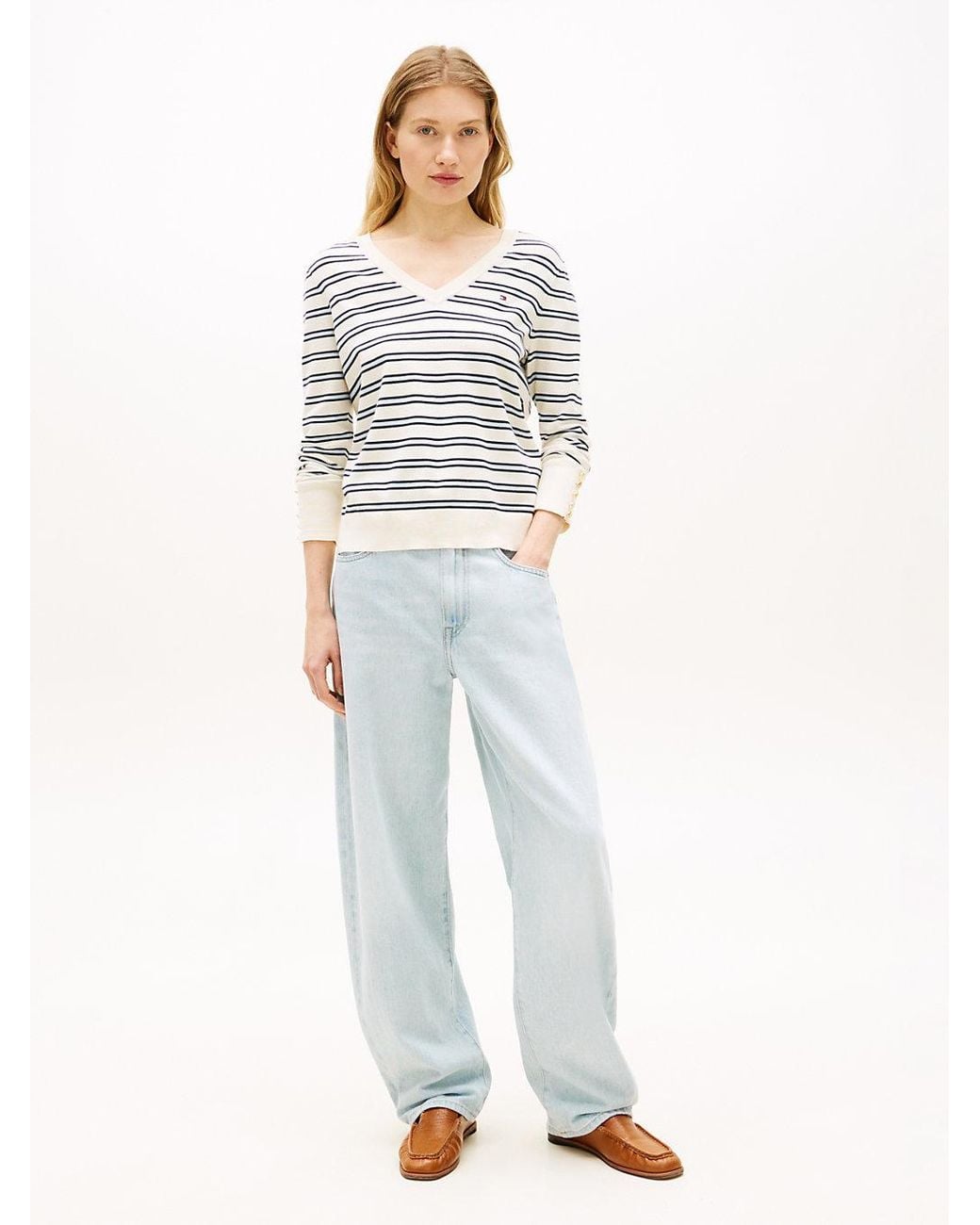 Tommy Hilfiger Natural Gold-tone Button Cuff V-neck Jumper