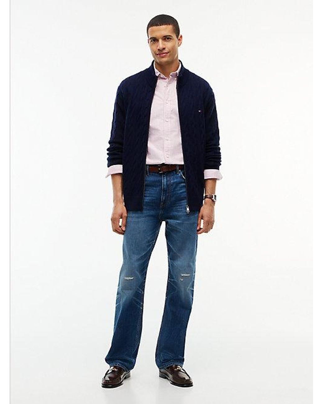 Tommy Hilfiger Blue Lambswool Zip Thru Cable Knit Jumper for men