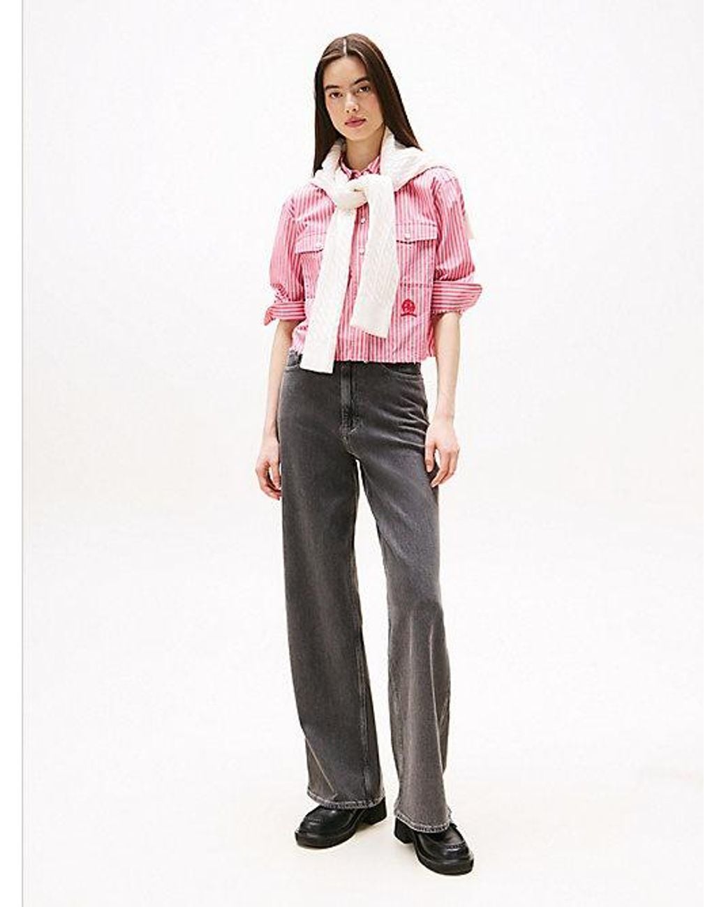 Tommy Hilfiger Pink Crest Embroidery Relaxed Fit Cropped Shirt