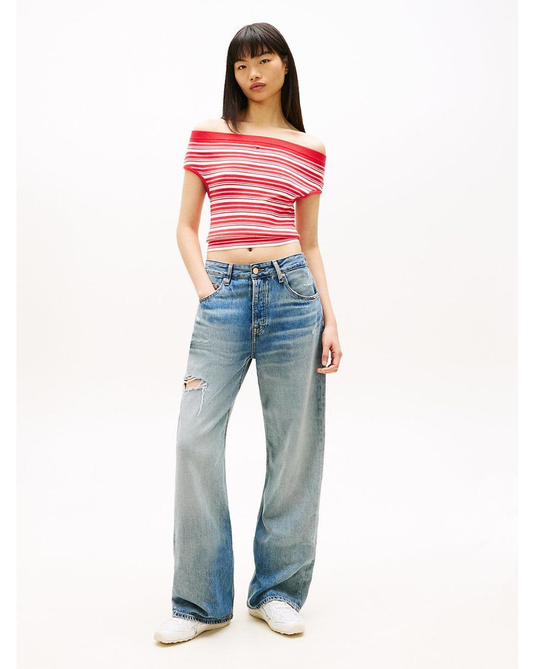 Tommy Hilfiger Red Stripe Off-the-shoulder Slim Jumper
