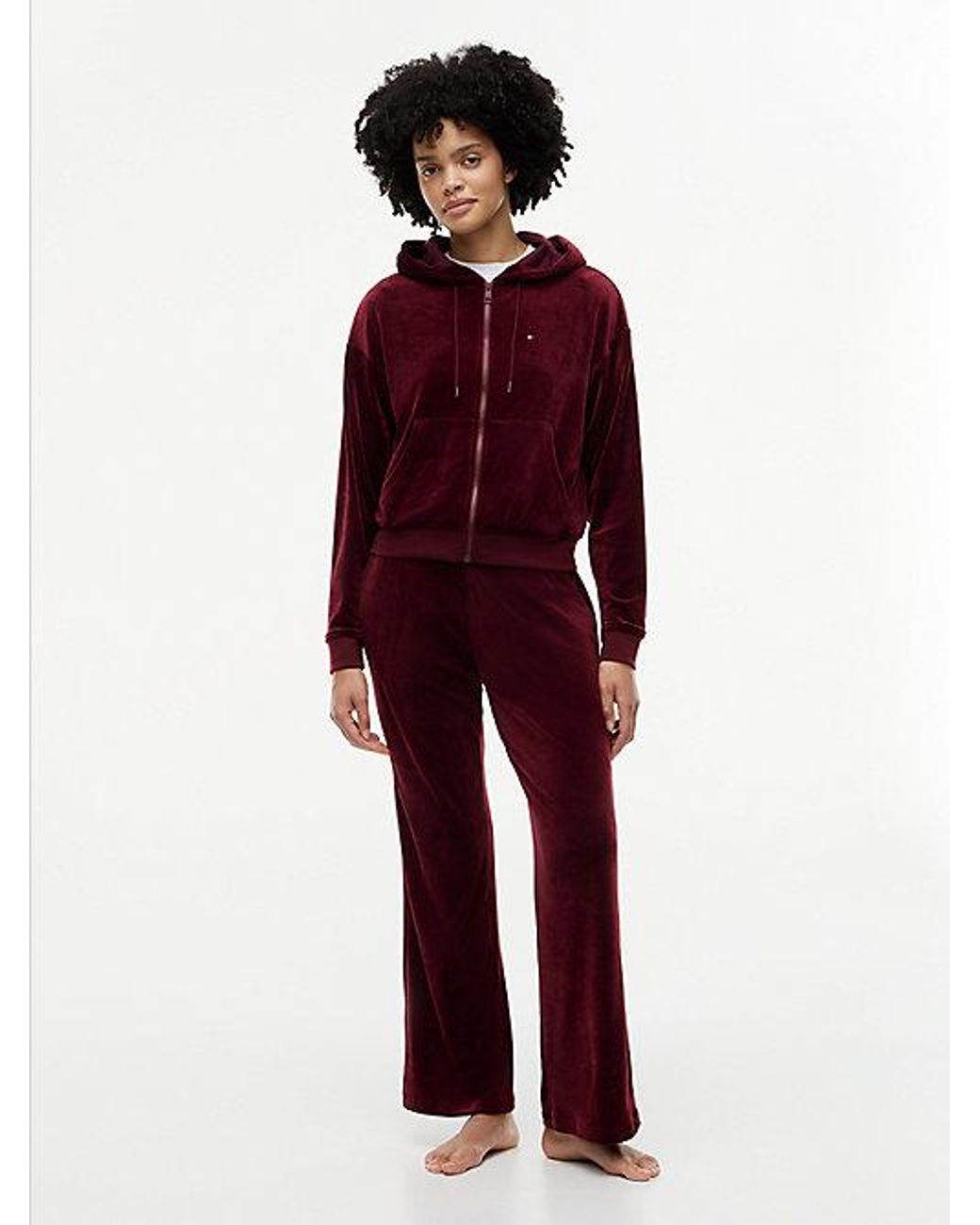Tommy Hilfiger Red Essential Velour Relaxed Zip Thru Lounge Hoody
