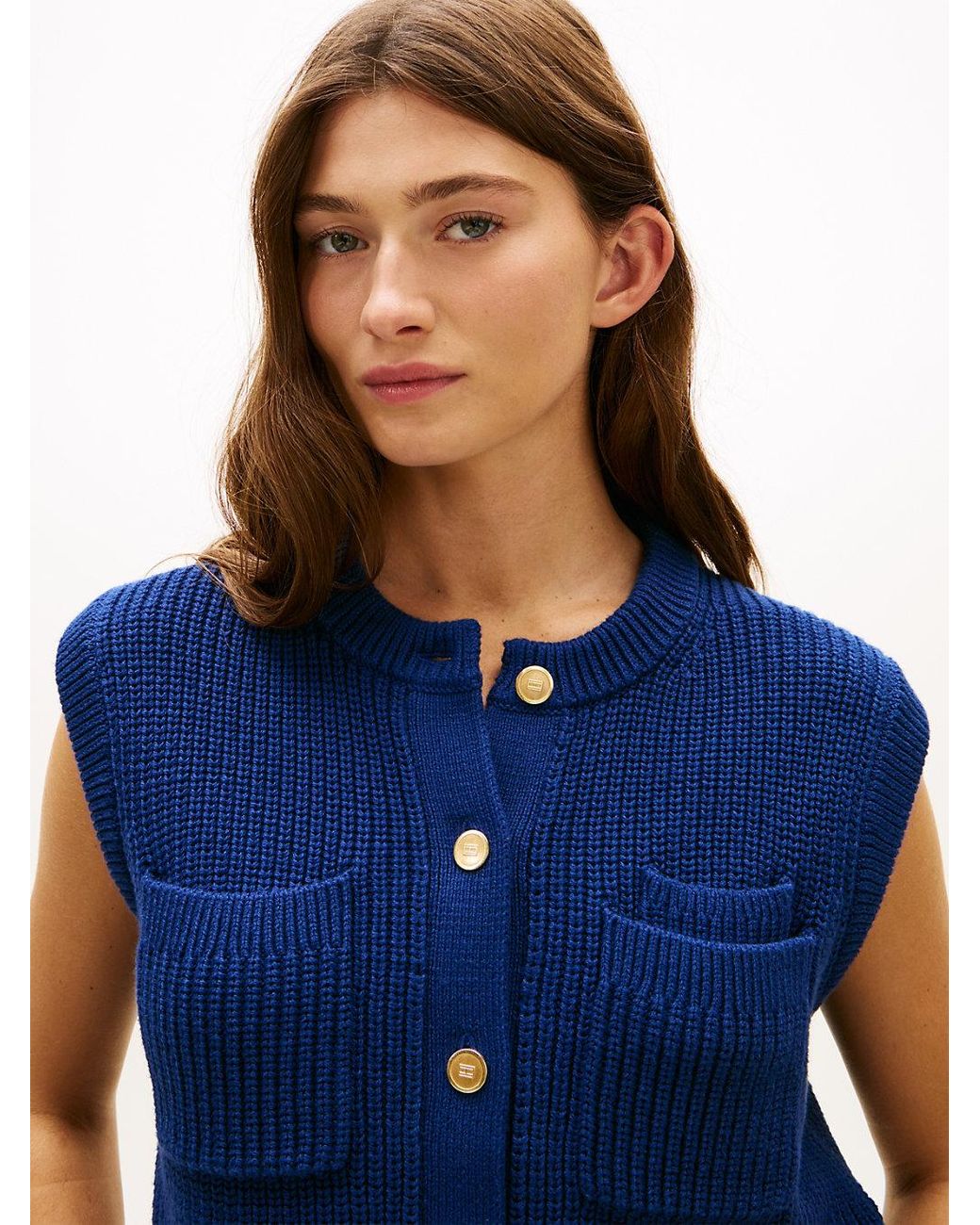 Tommy Hilfiger Blue Tone Button Rib-Knit Vest