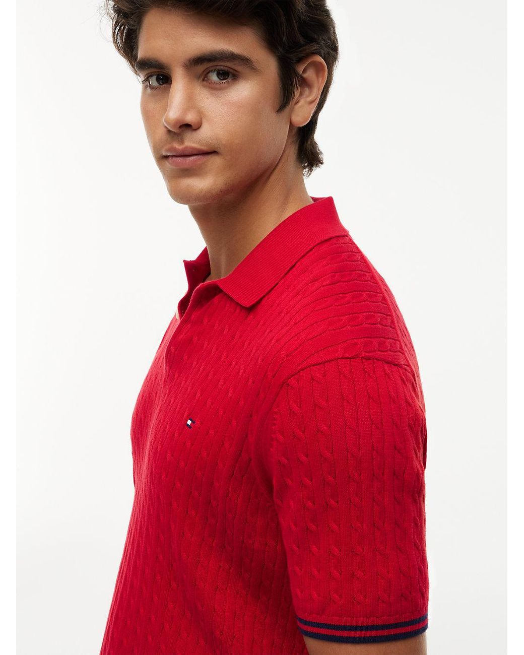 Tommy Hilfiger Red Cable Knit Short Sleeve Polo Jumper for men