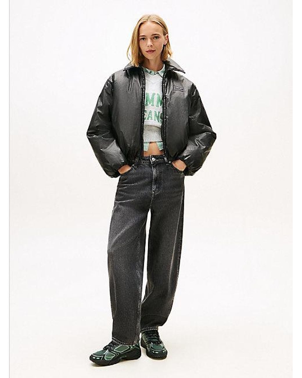 Tommy Hilfiger Gray Shiny Relaxed Padded Bomber Jacket