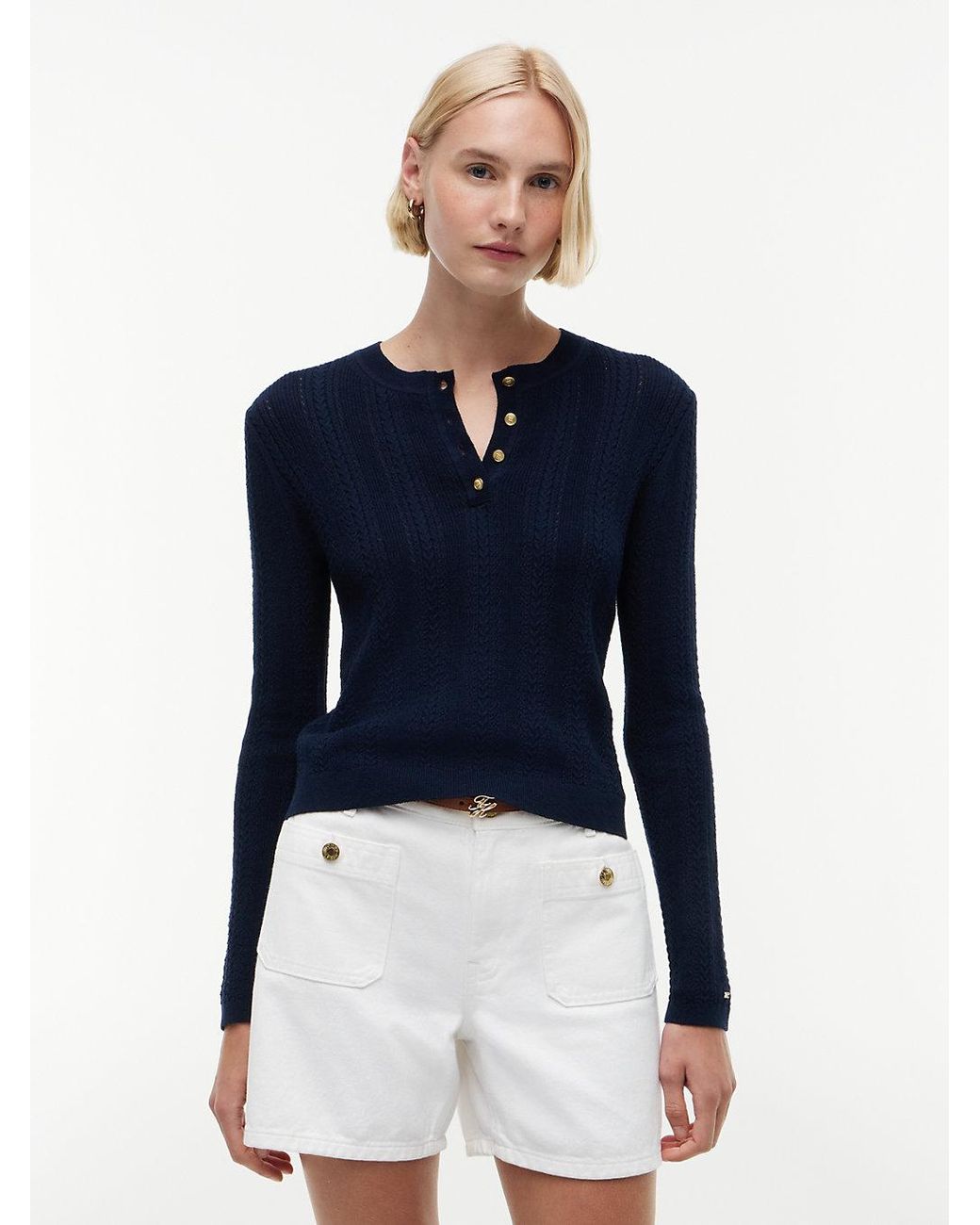 Tommy Hilfiger Blue Pointelle-Tone Button Henley Neck Jumper