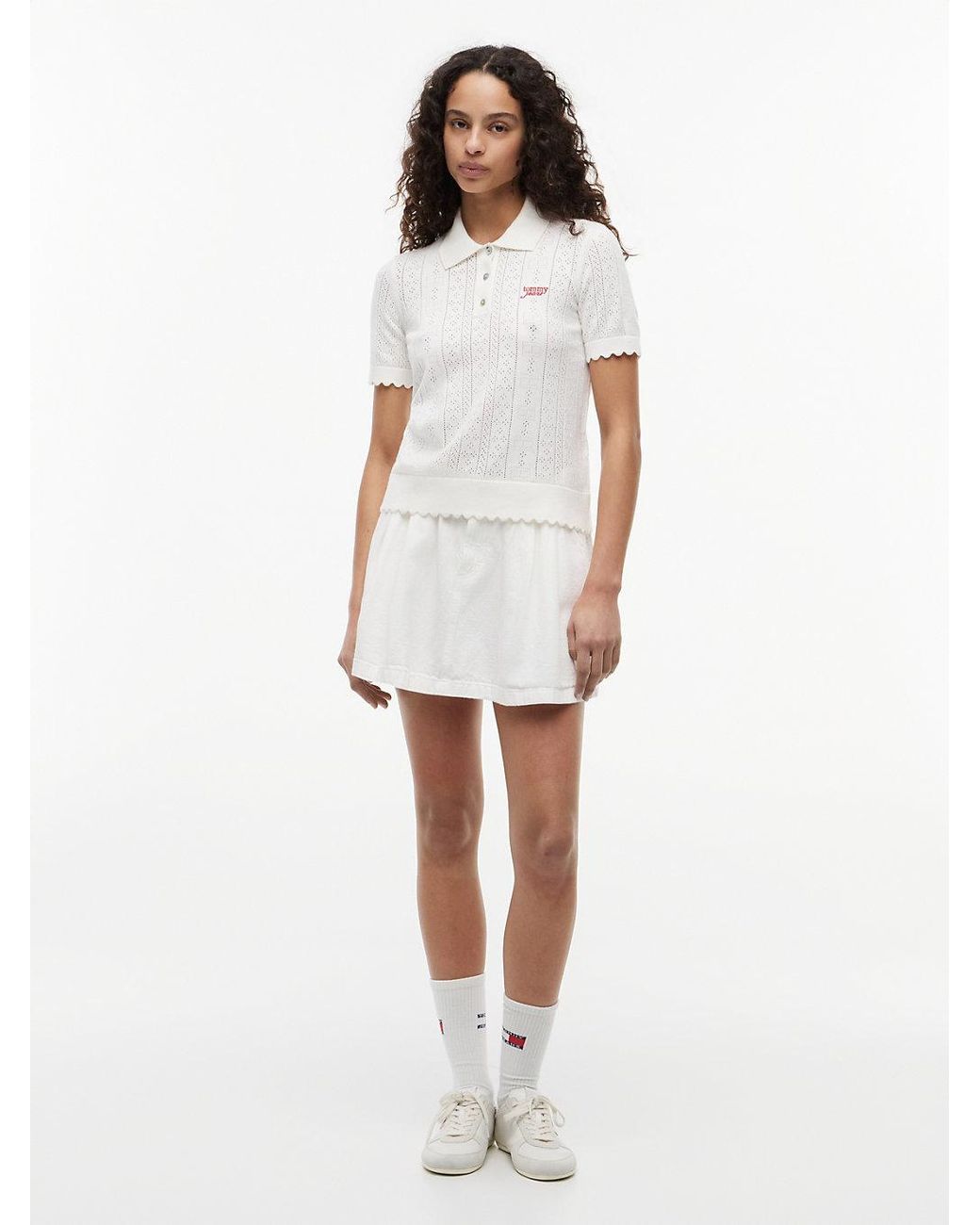 Tommy Hilfiger White Pointelle Flag Short Sleeve Polo Jumper