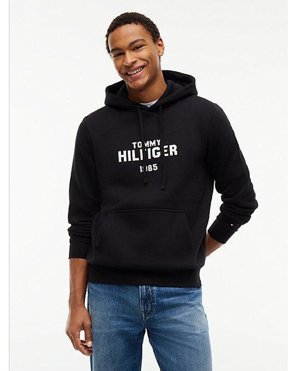 Tommy Hilfiger Black Logo Embroidery Fleece Hoody for men