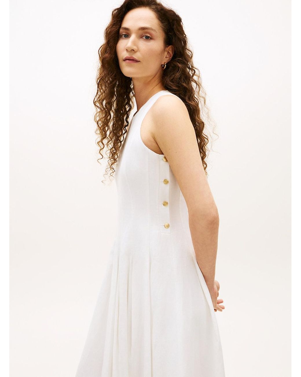 Robe Midi En Lin Mélangé À Boutons Dorés Tommy Hilfiger en coloris White