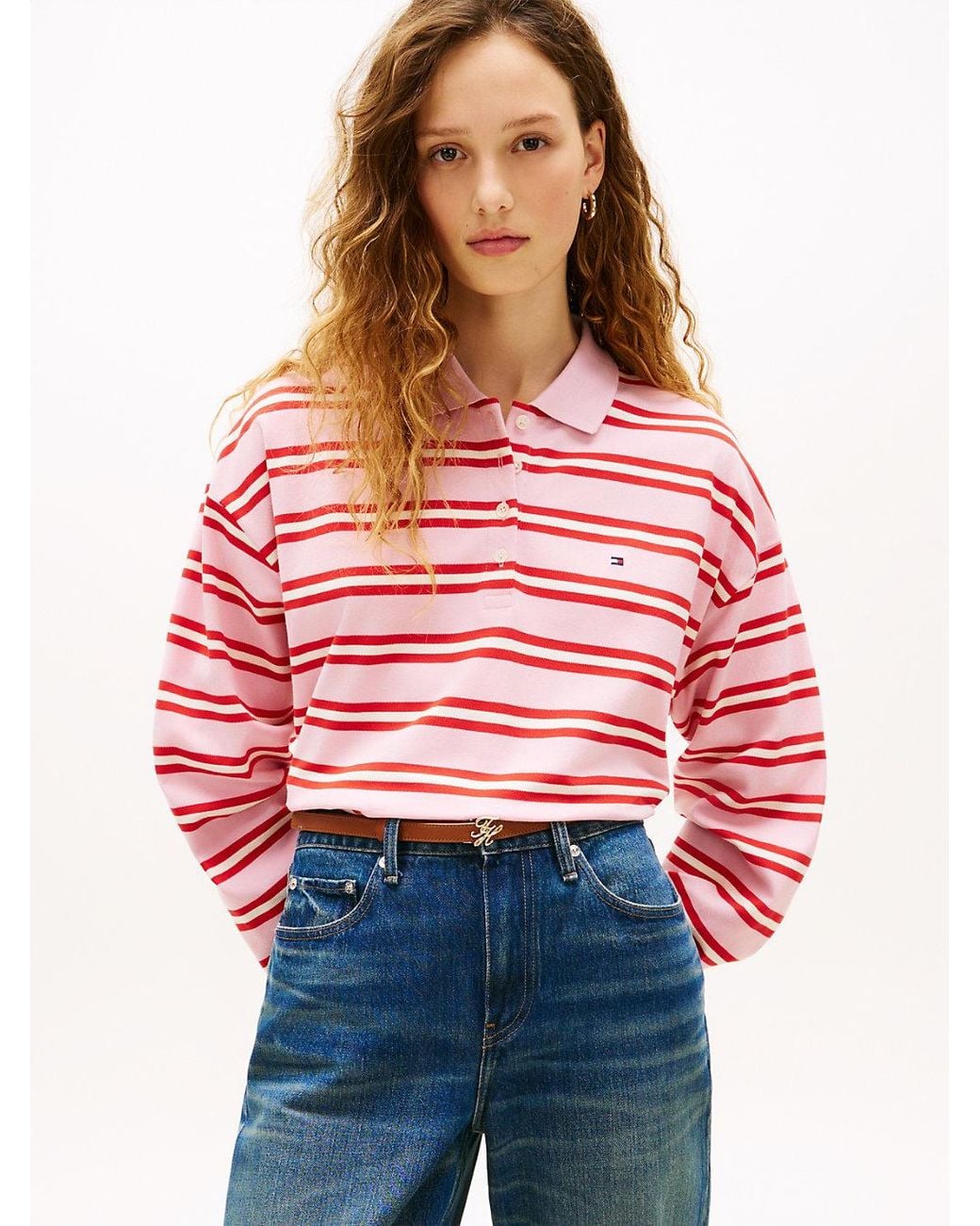Tommy Hilfiger Red 1985 Relaxed Fit Stripe Long Sleeve Polo Shirt