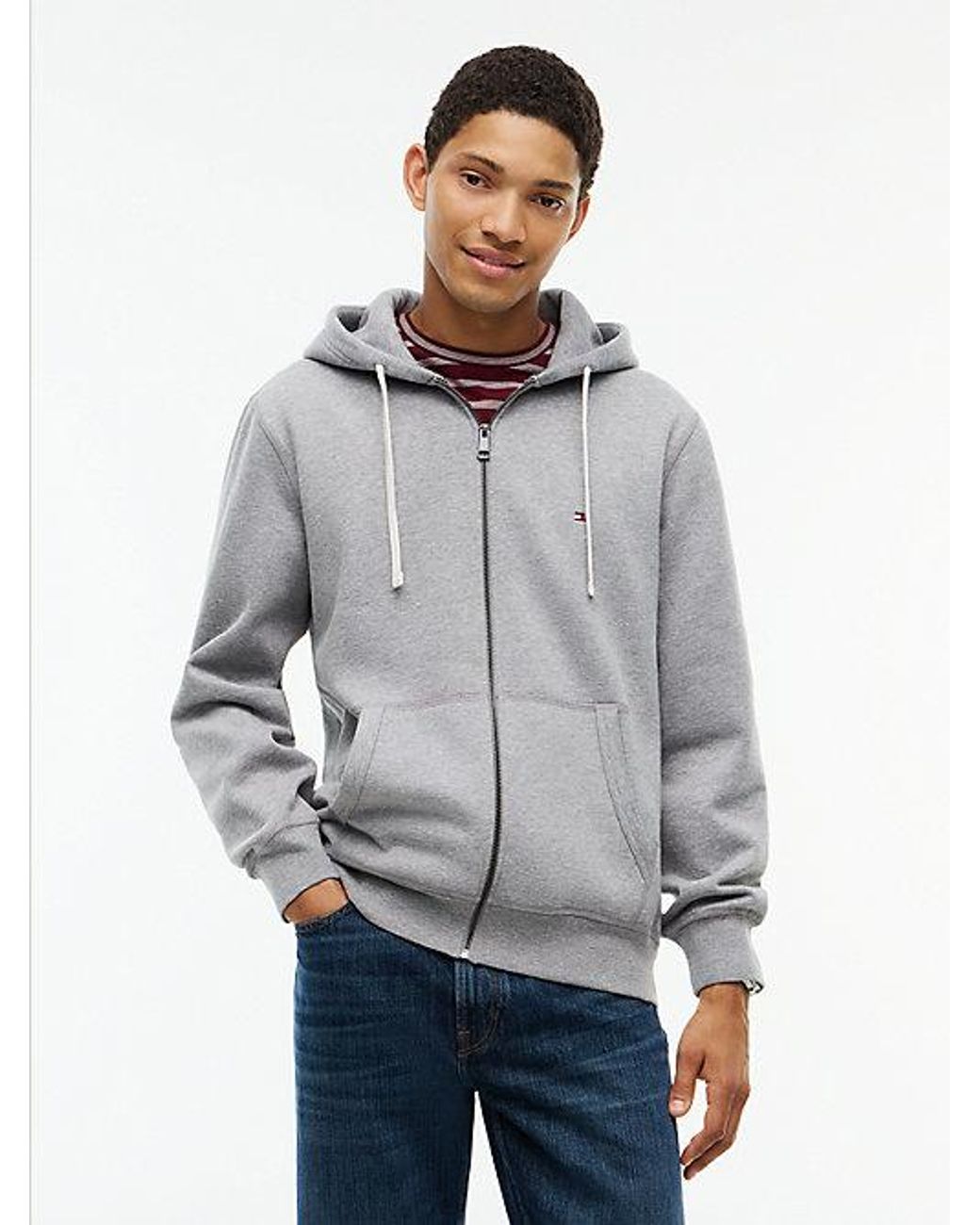 Tommy Hilfiger Gray Flag Embroidery Fleece Zip Thru Hoody for men