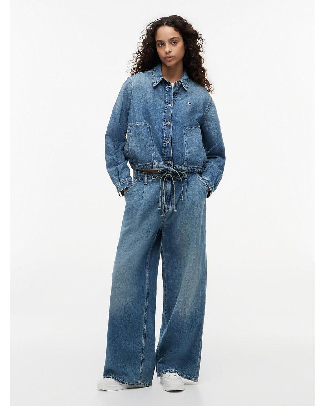 Tommy Hilfiger Blue Drawstring Loose Wide Leg Jeans With Linen