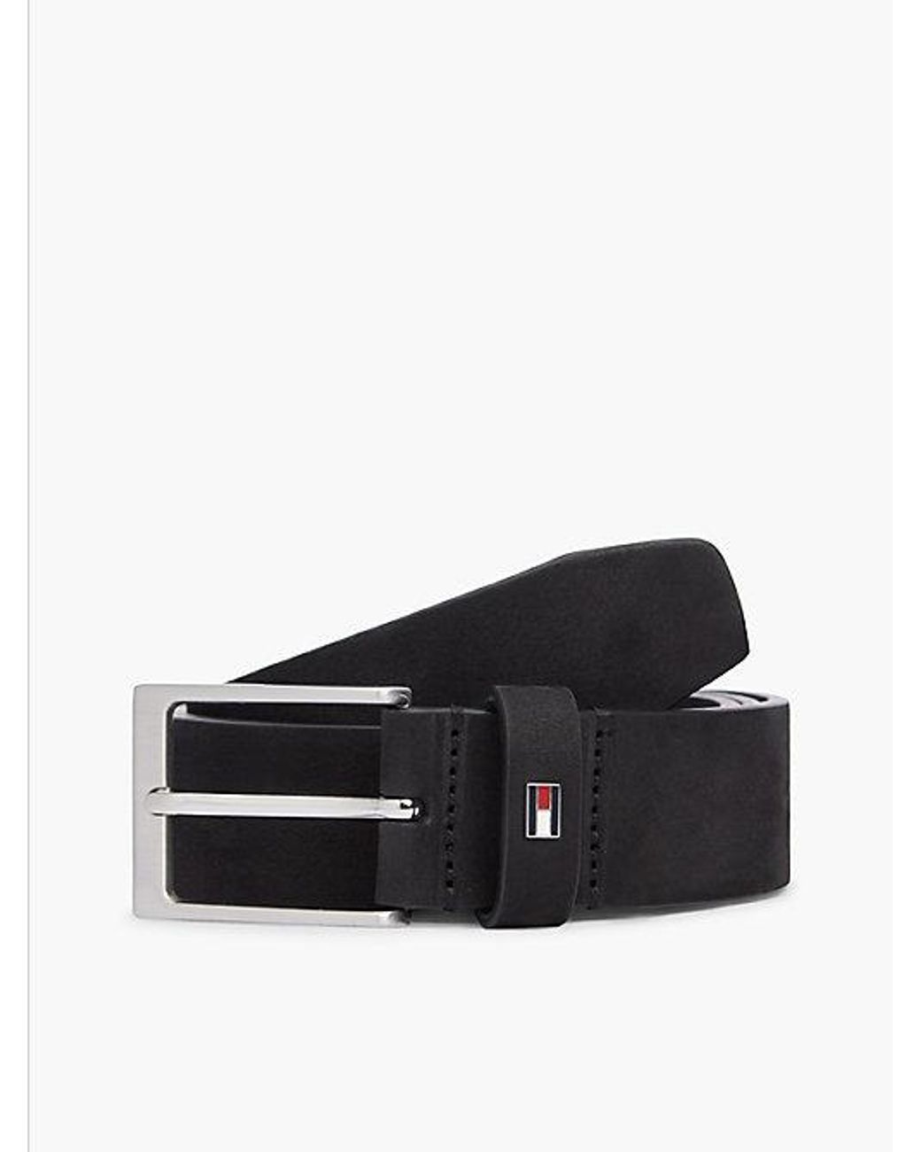 Tommy Hilfiger Black Leather Enamel Flag Rectangular Buckle Belt for men