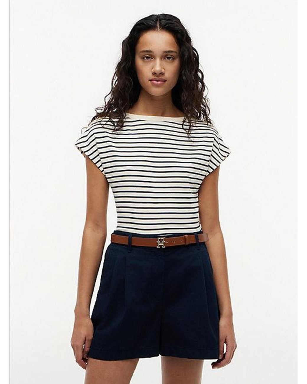 Tommy Hilfiger White Tone Button Boat Neck T-Shirt