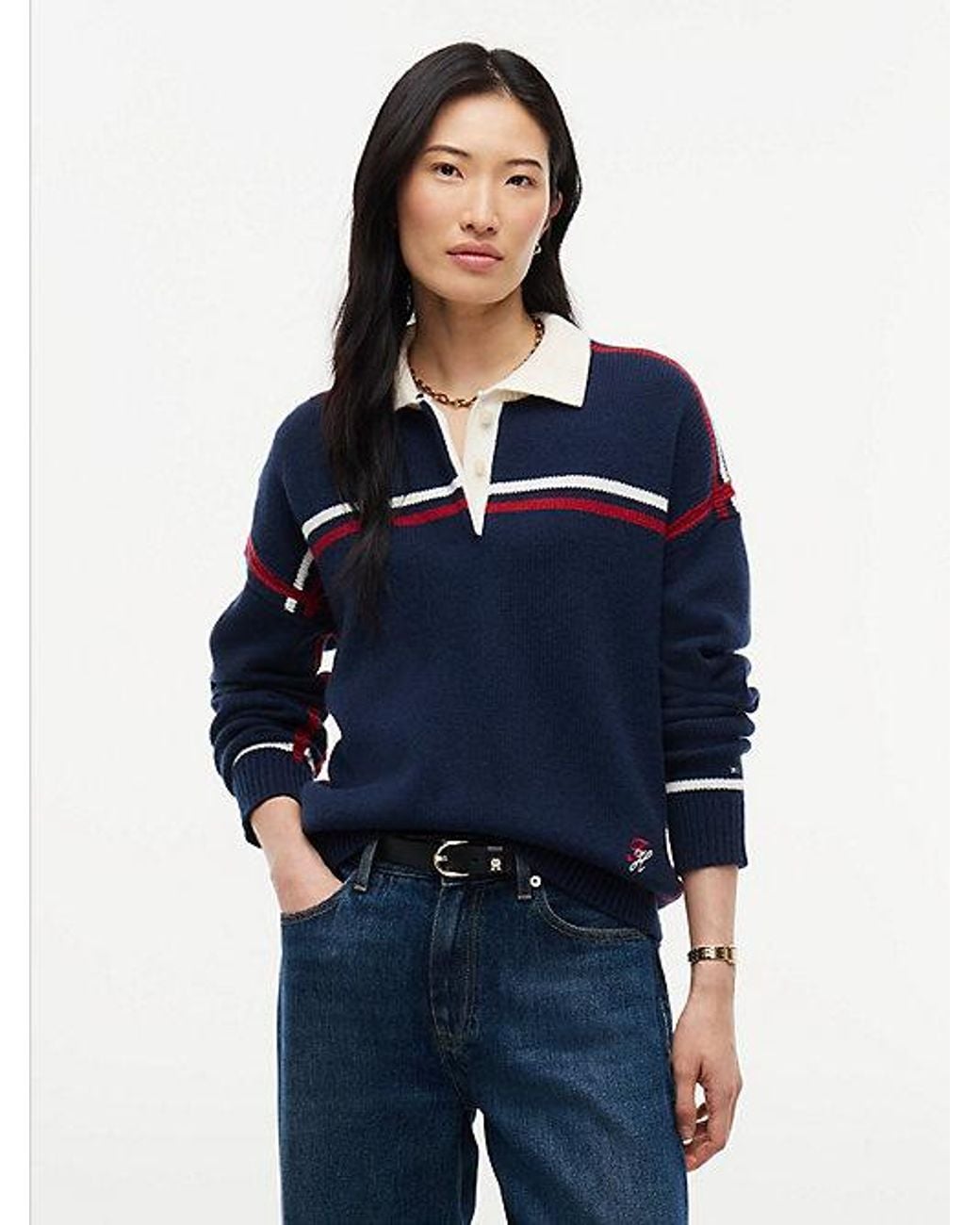 Tommy Hilfiger Blue Pure Wool Boxy Fit Polo Jumper