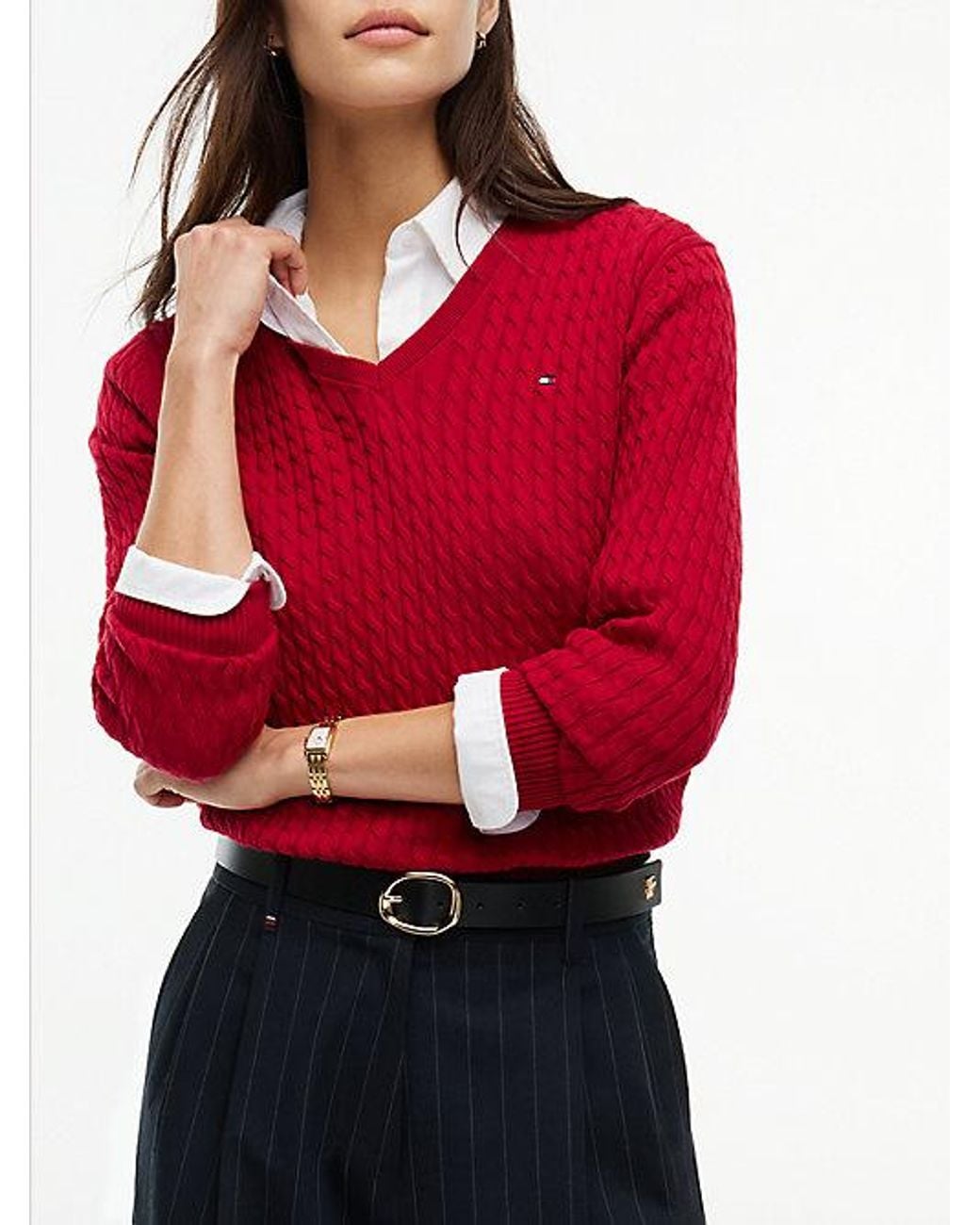 Tommy Hilfiger Red Fine Cable Knit Slim Jumper