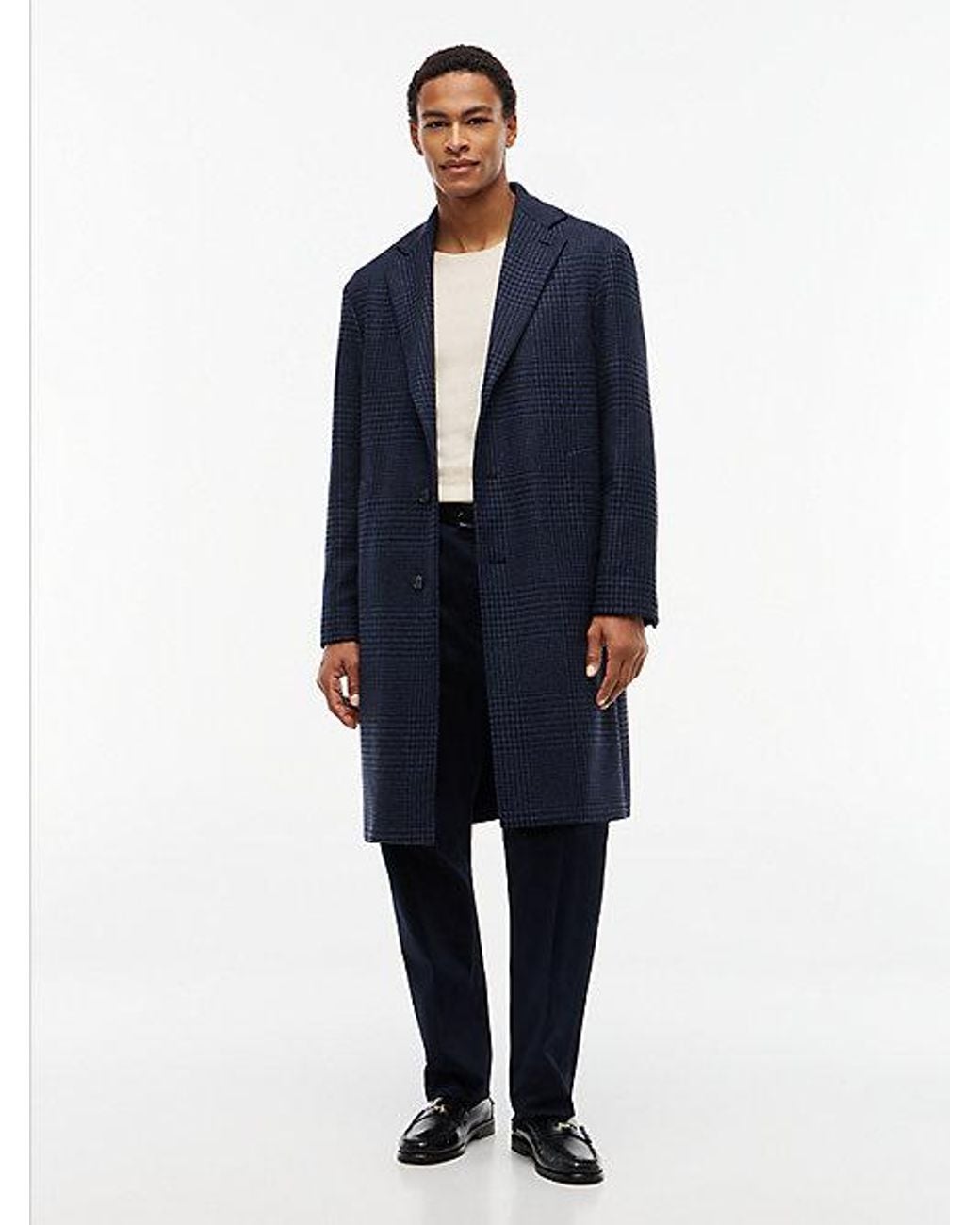 Tommy Hilfiger Blue Houndstooth Wool Blend Single Breasted Coat for men