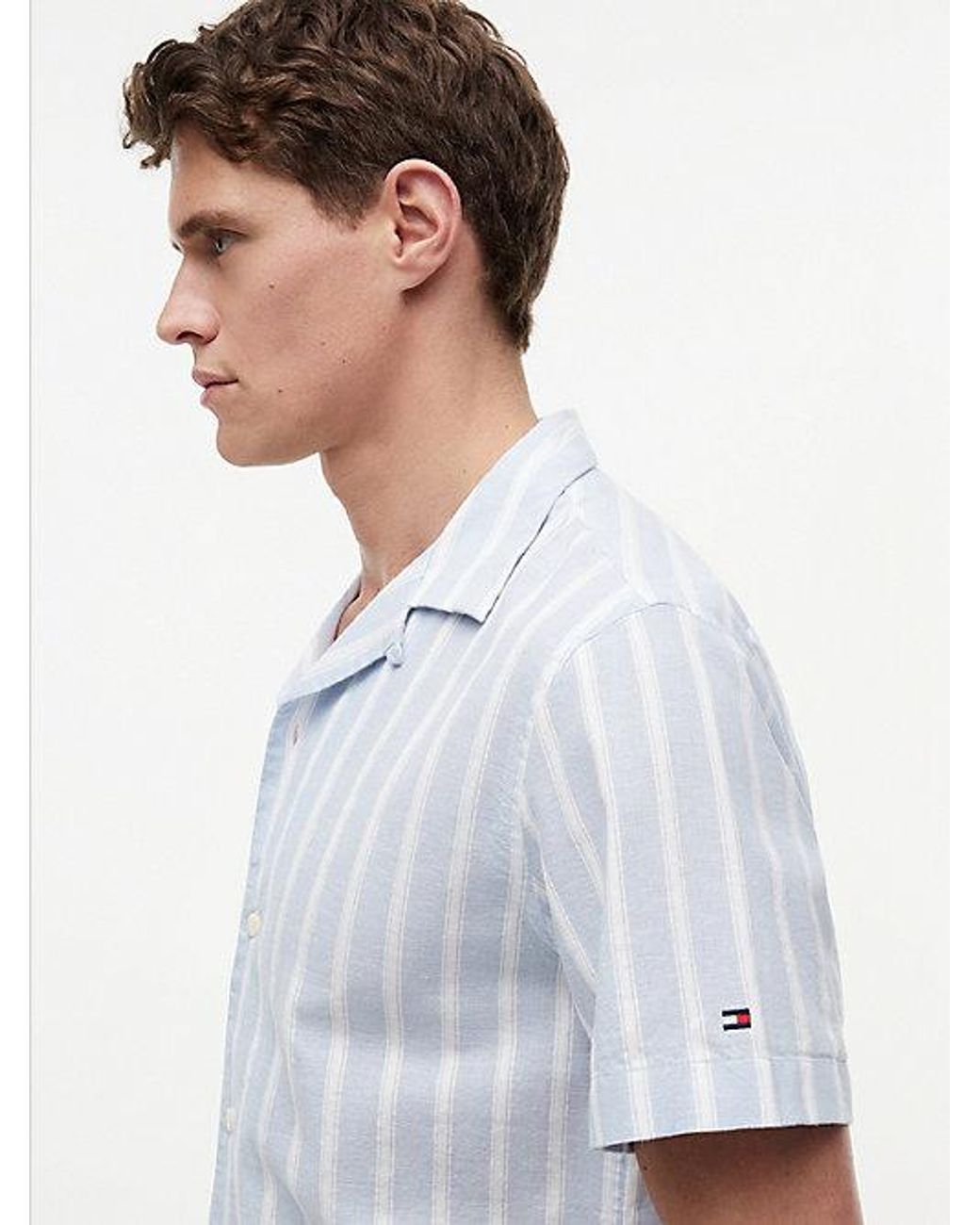 Tommy Hilfiger White Linen Blend Textured Stripe Short Sleeve Shirt for men
