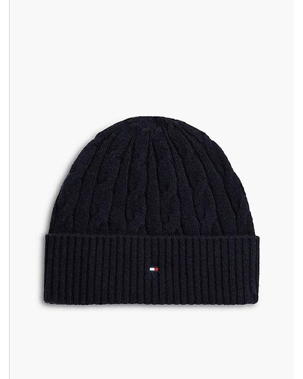 Tommy Hilfiger Blue Lambswool Blend Cable Knit Flag Beanie for men