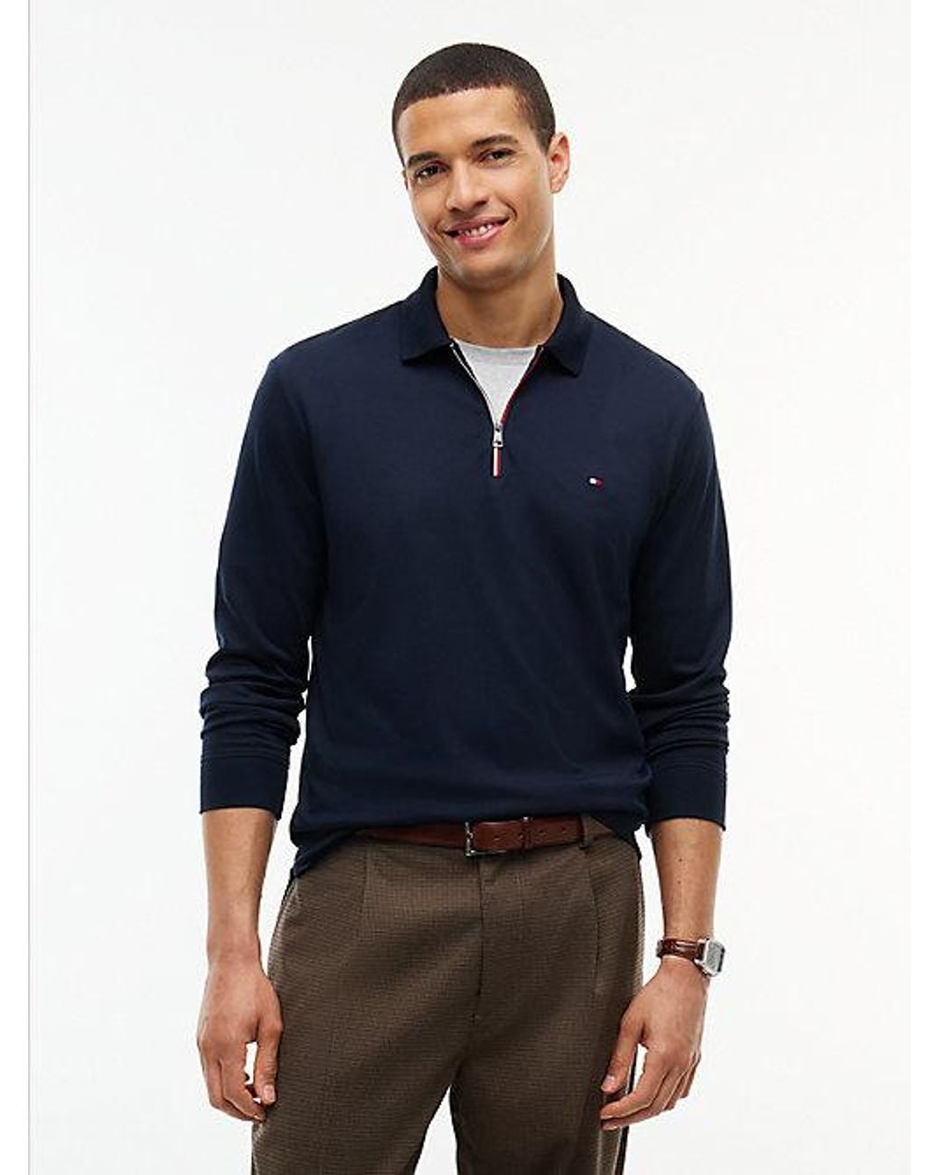 Tommy Hilfiger Blue Fluid Cotton Long Sleeve Polo Shirt for men