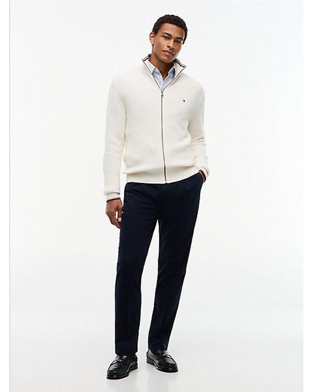 Tommy Hilfiger White Tipped Cuff Ribbed Zip Thru Jumper for men