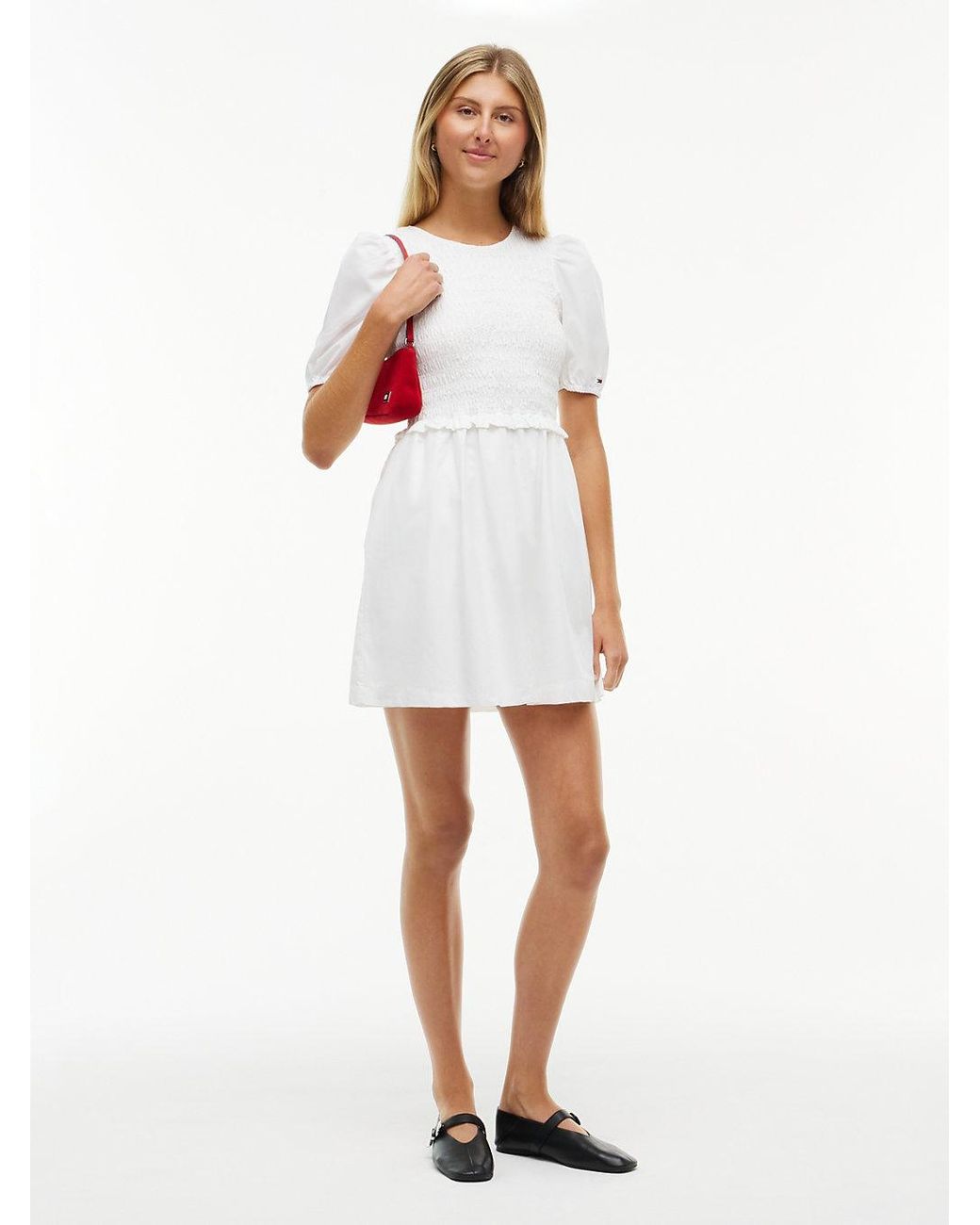 Tommy Hilfiger White Back Tie Smock Slim Poplin Mini Dress