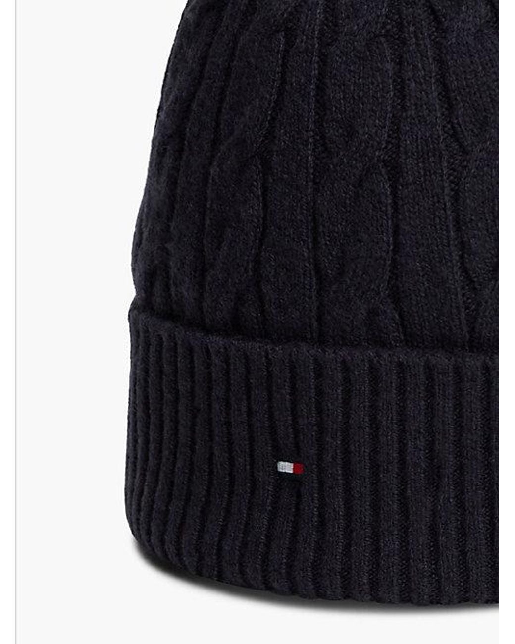 Tommy Hilfiger Blue Lambswool Blend Cable Knit Flag Beanie for men