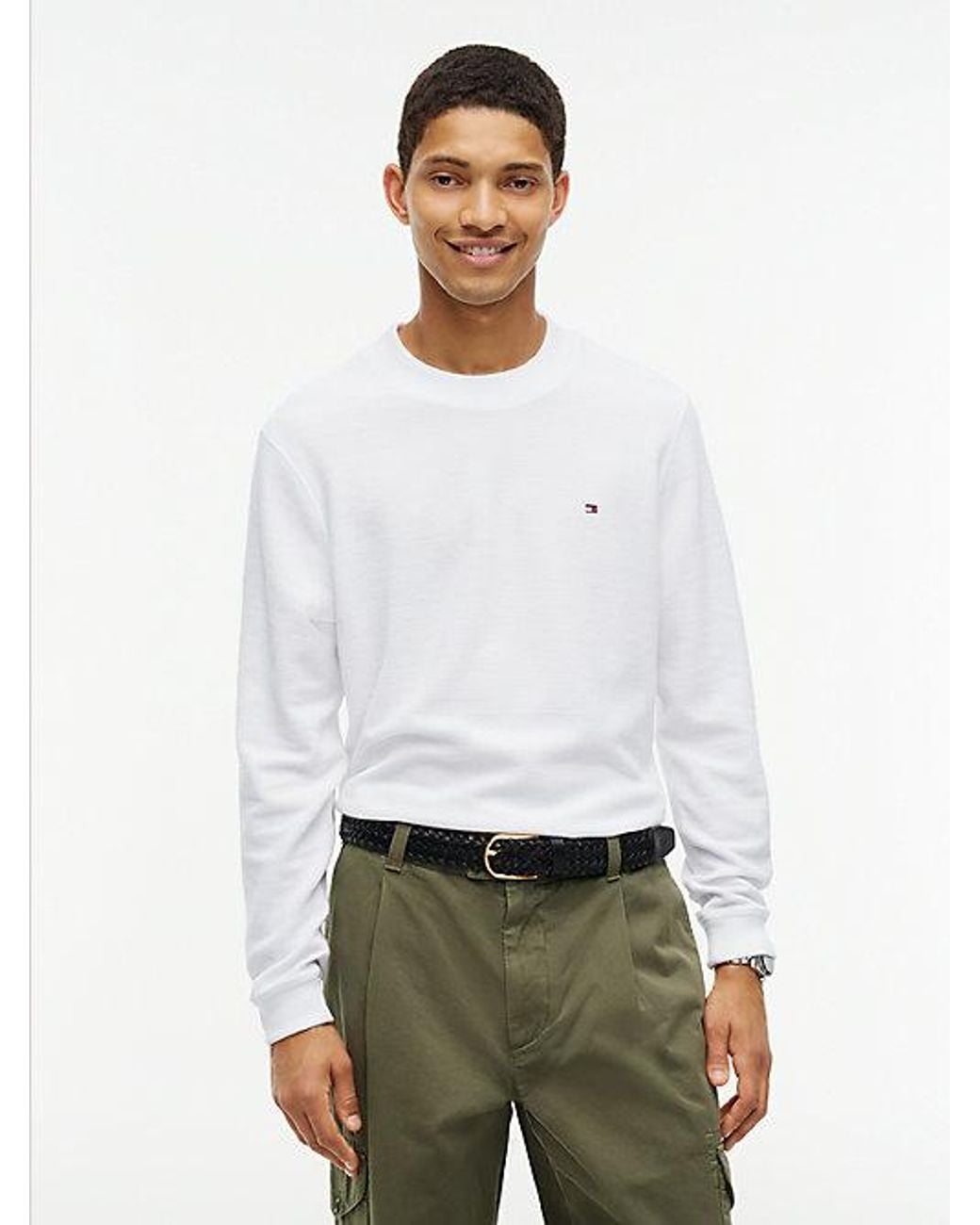 Tommy Hilfiger White Waffle Knit Long Sleeve T-Shirt for men