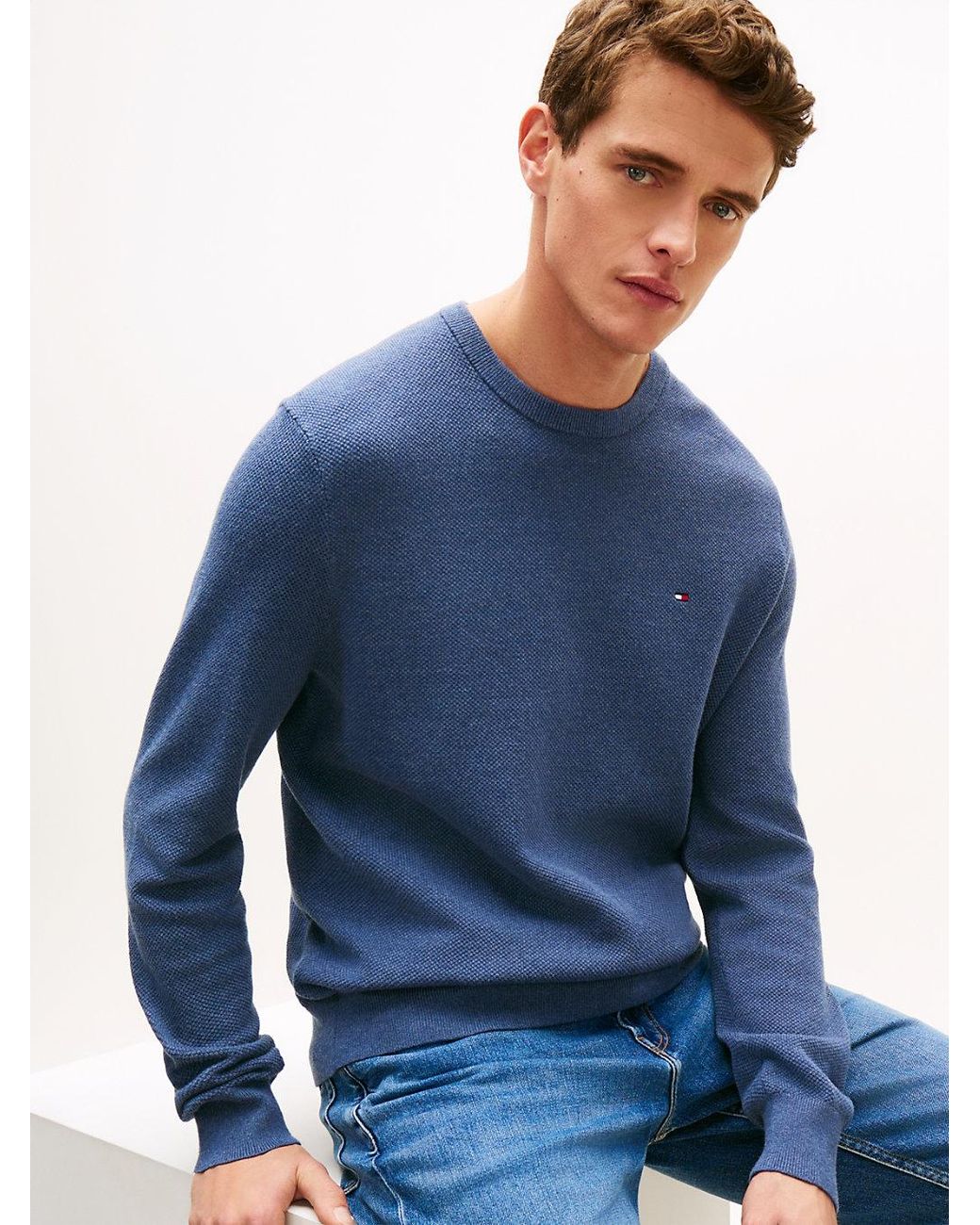Tommy Hilfiger Blue Textured Knit Crew Neck Jumper for men
