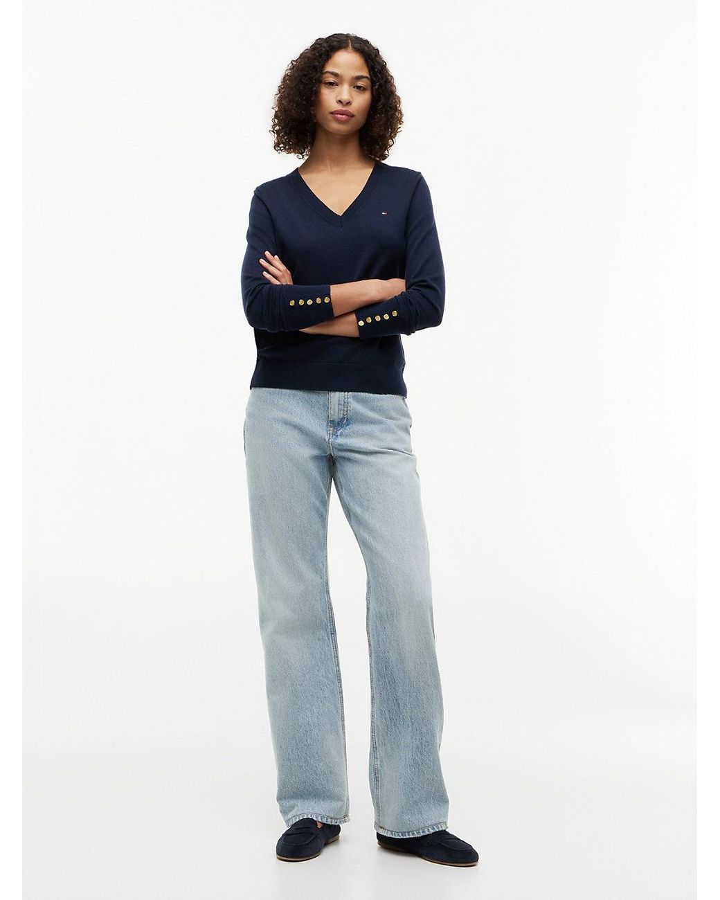 Tommy Hilfiger Blue Tone Button Cuff V-Neck Jumper