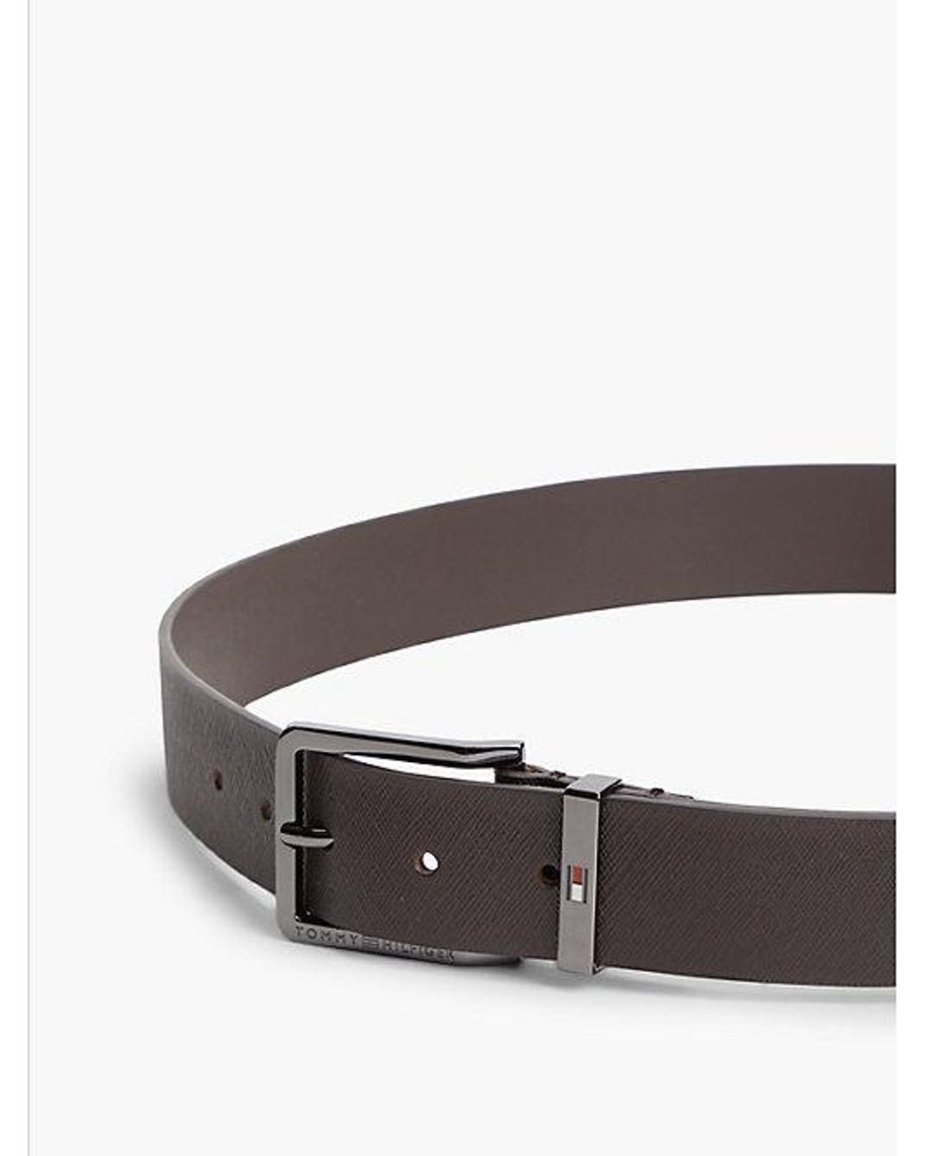 Tommy Hilfiger Brown Leather Logo Square Buckle Textured Belt for men