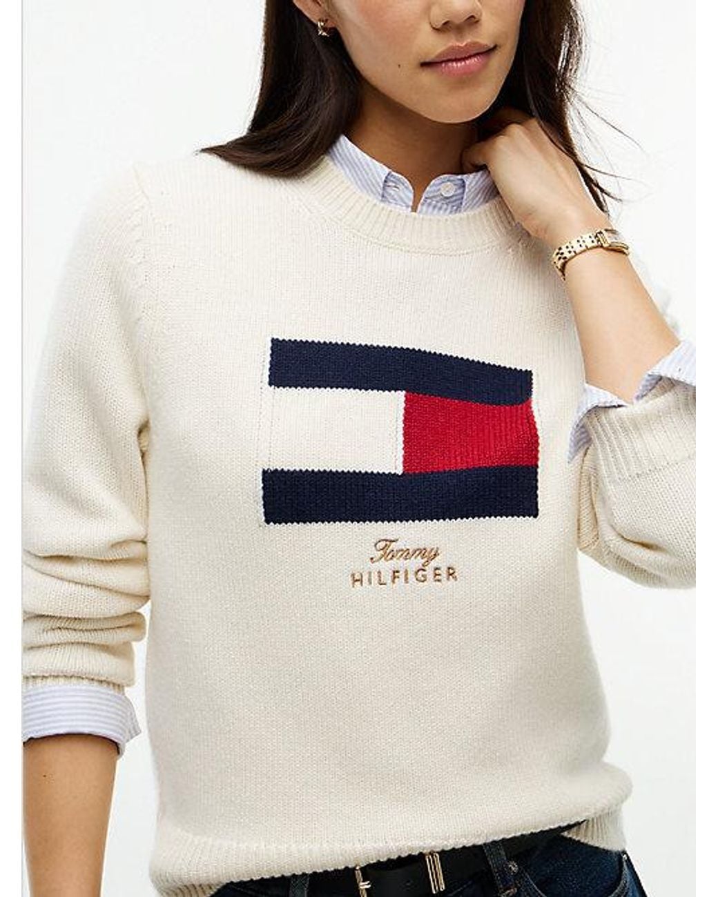 Tommy Hilfiger White Flag Logo Embroidery Jumper With Cashmere