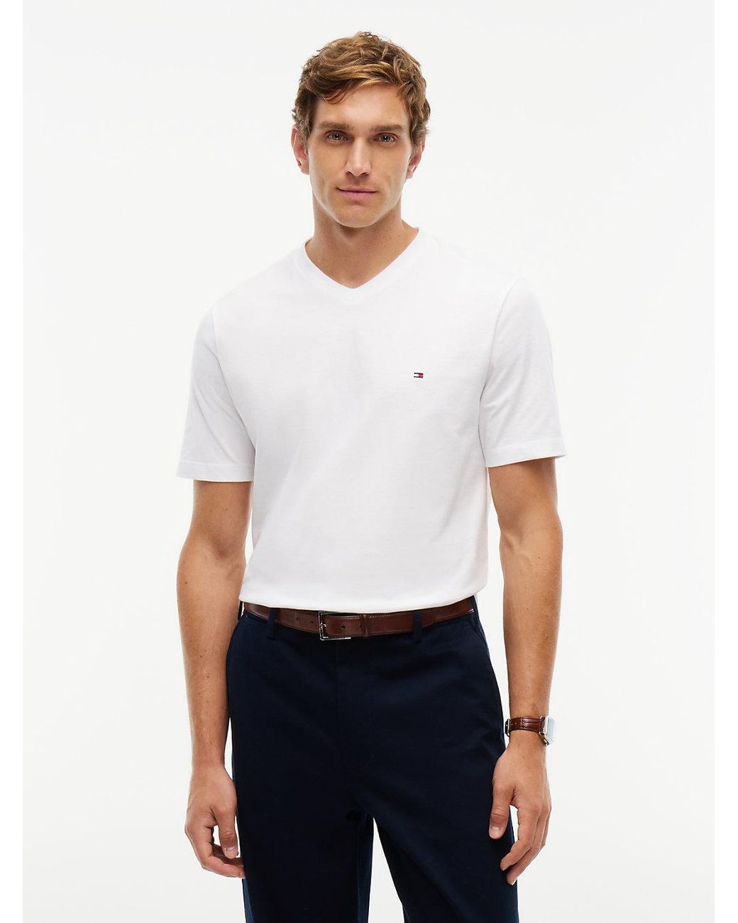 Tommy Hilfiger White Flag Embroidery V-neck T-shirt for men