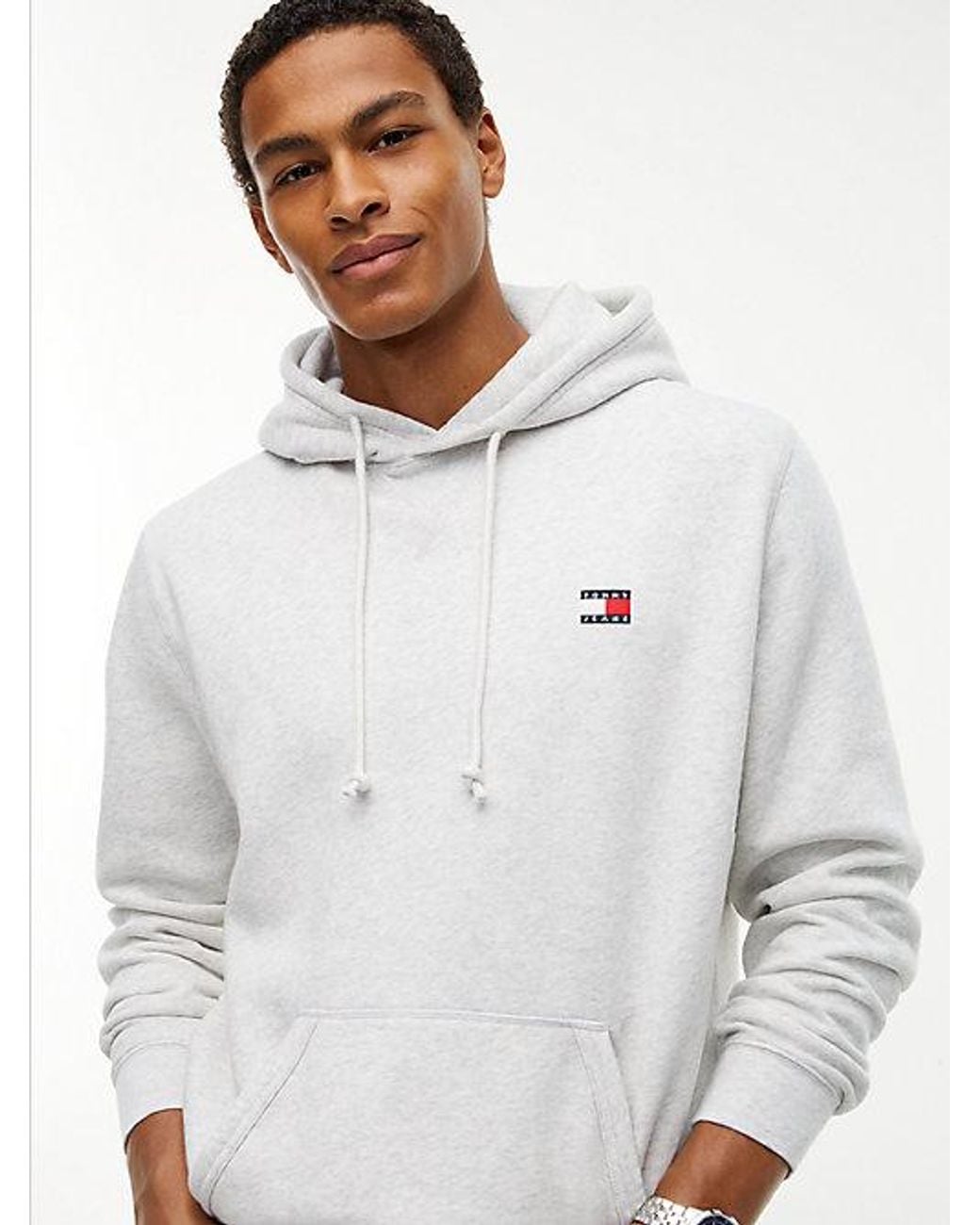 Tommy Hilfiger White Tommy Badge Fleece Drawstring Hoody for men