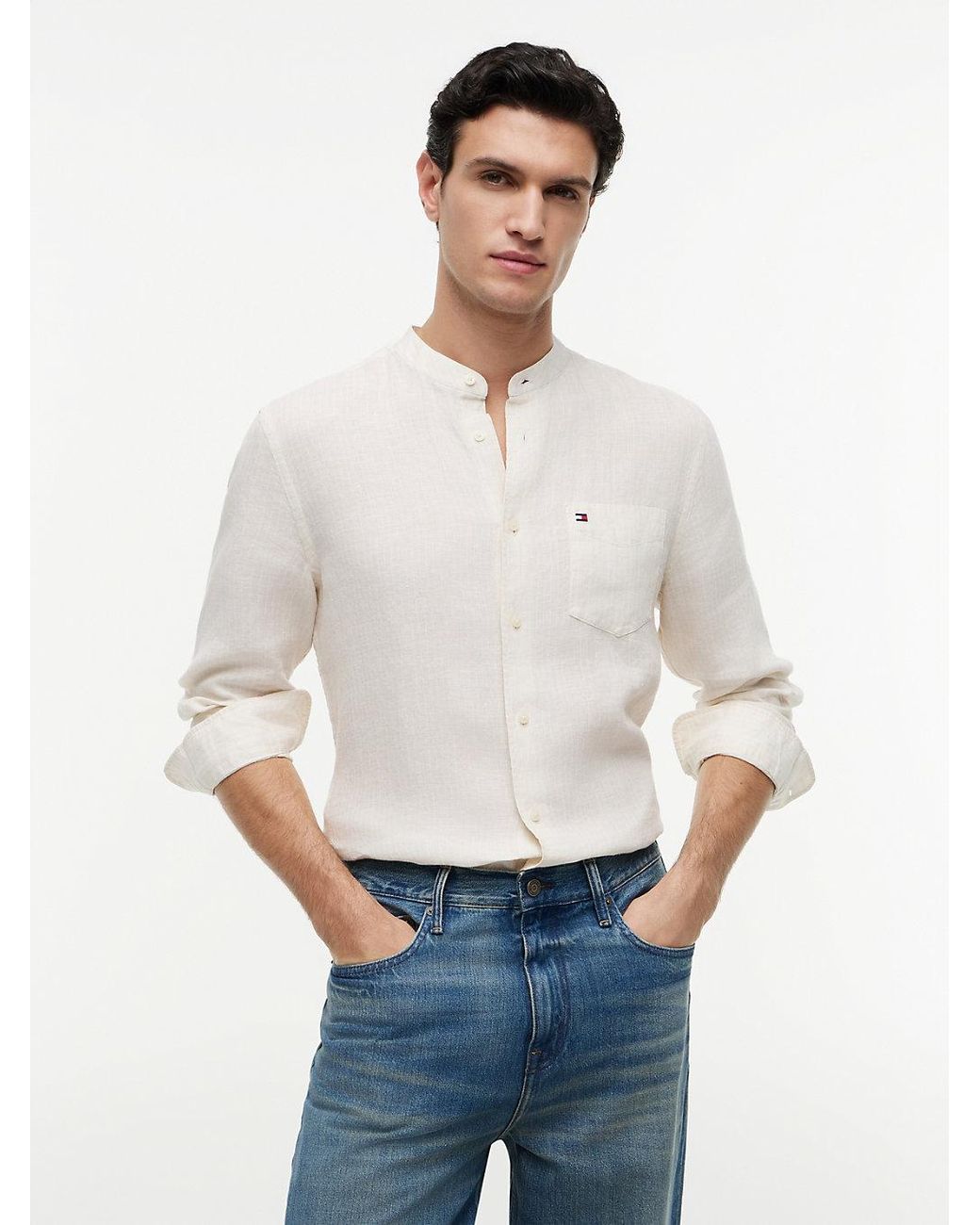 Tommy Hilfiger White Regular Fit Washed Linen Pinstripe Shirt for men